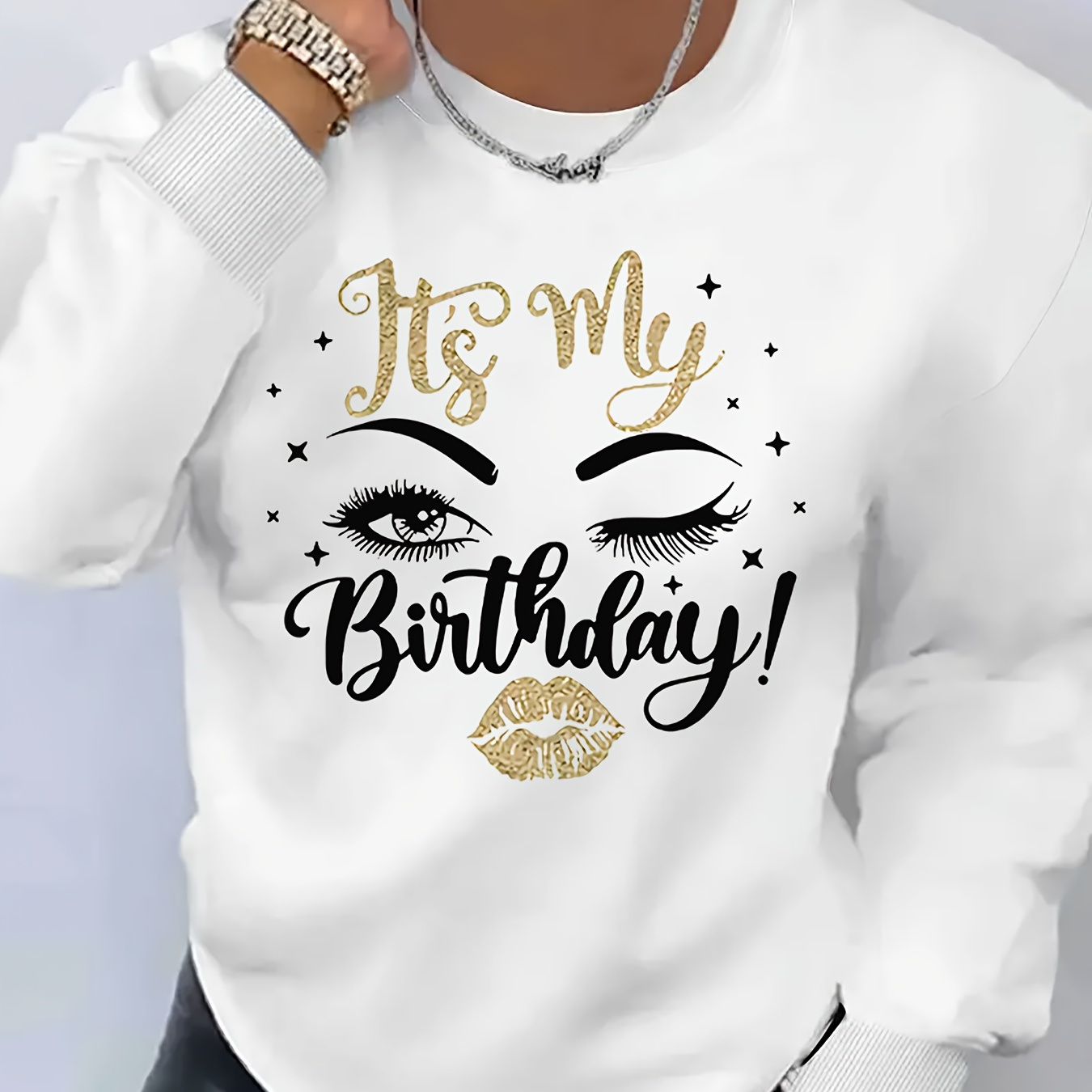 

Women's Casual Birthday Sweatshirt - White Polyester Crewneck Pullover With Golden Lettering And Eyelash Design, Machine Washable