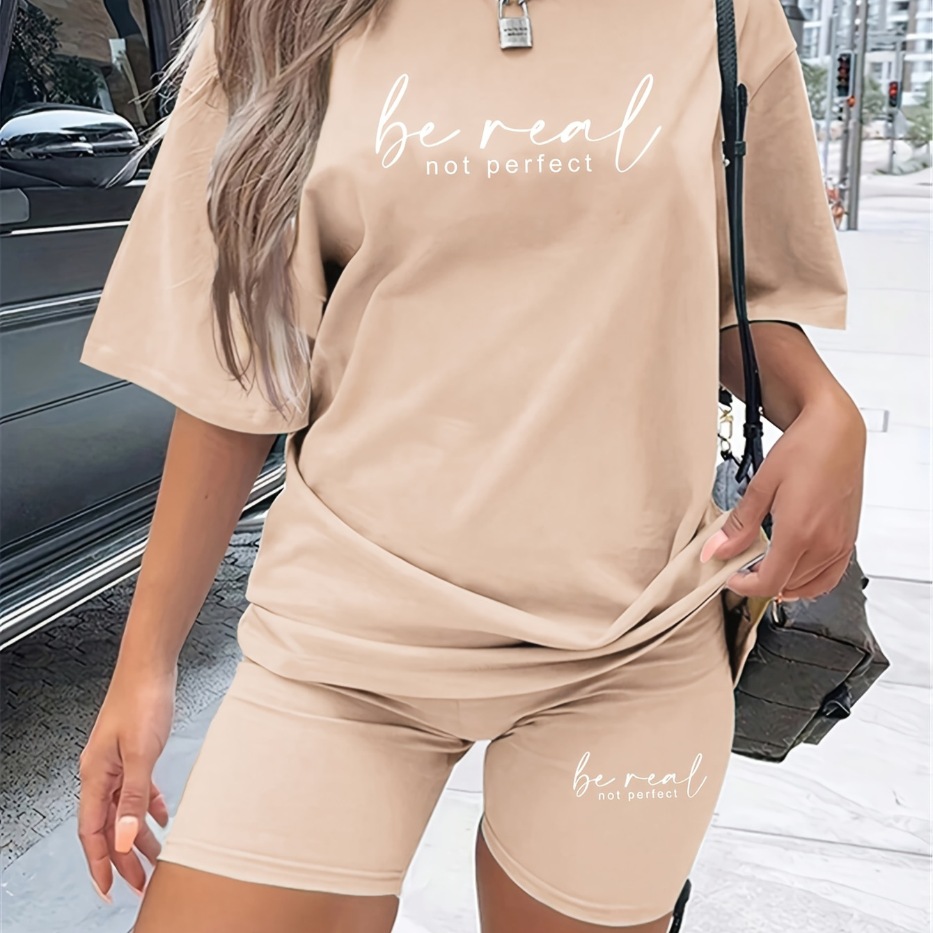 

Casual Be Real Print Shorts Set, Crew Neck Short Sleeve T-shirt & Skinny Shorts Outfits, Women's Clothing