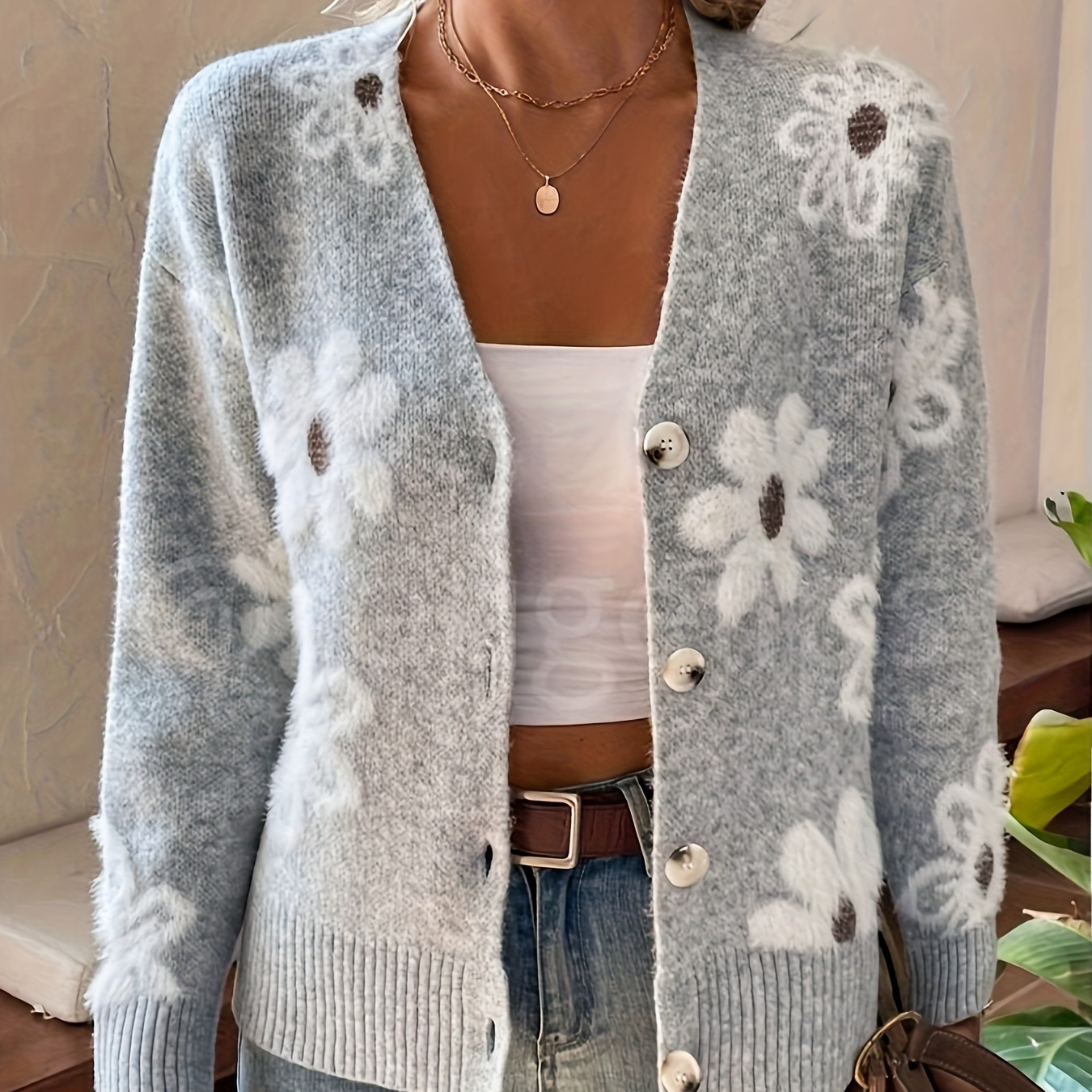 

Floral Pattern Button Front Cardigan, Casual V Neck Long Sleeve Cardigan For Fall & Winter, Women's Clothing
