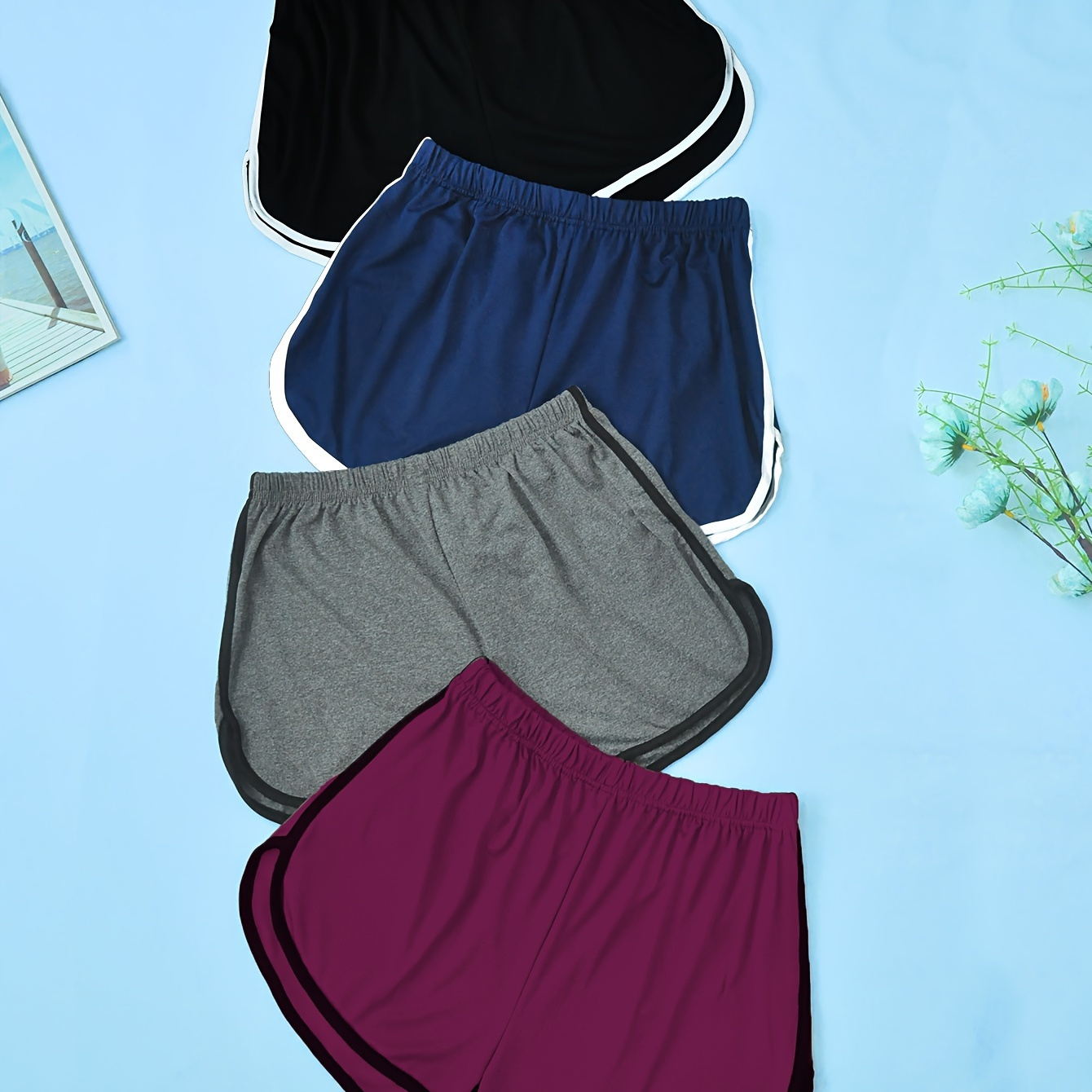 

4pcs Women's Plus Sporty Lounge Shorts, Plus Size Contrast Binding Elastic Waist Comfort Fit Dolphin Home Wear Shorts
