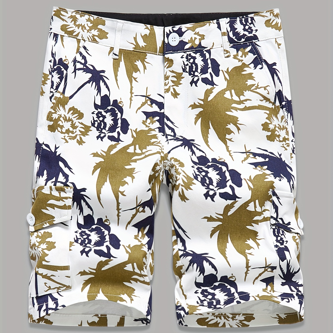 

Men's Cotton Blend Flower & Tree Leaf Print Cargo Shorts With Pockets, Fashion Multi-pocket Zip Up Shorts For Summer Outdoor
