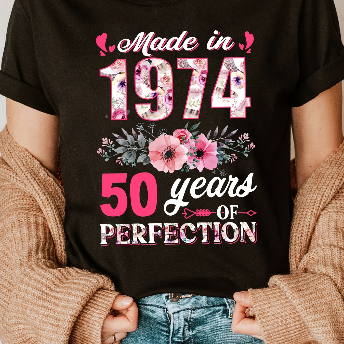 

Made In 1974 Print T-shirt, Short Sleeve Crew Neck Casual Top For Summer & Spring, Women's Clothing