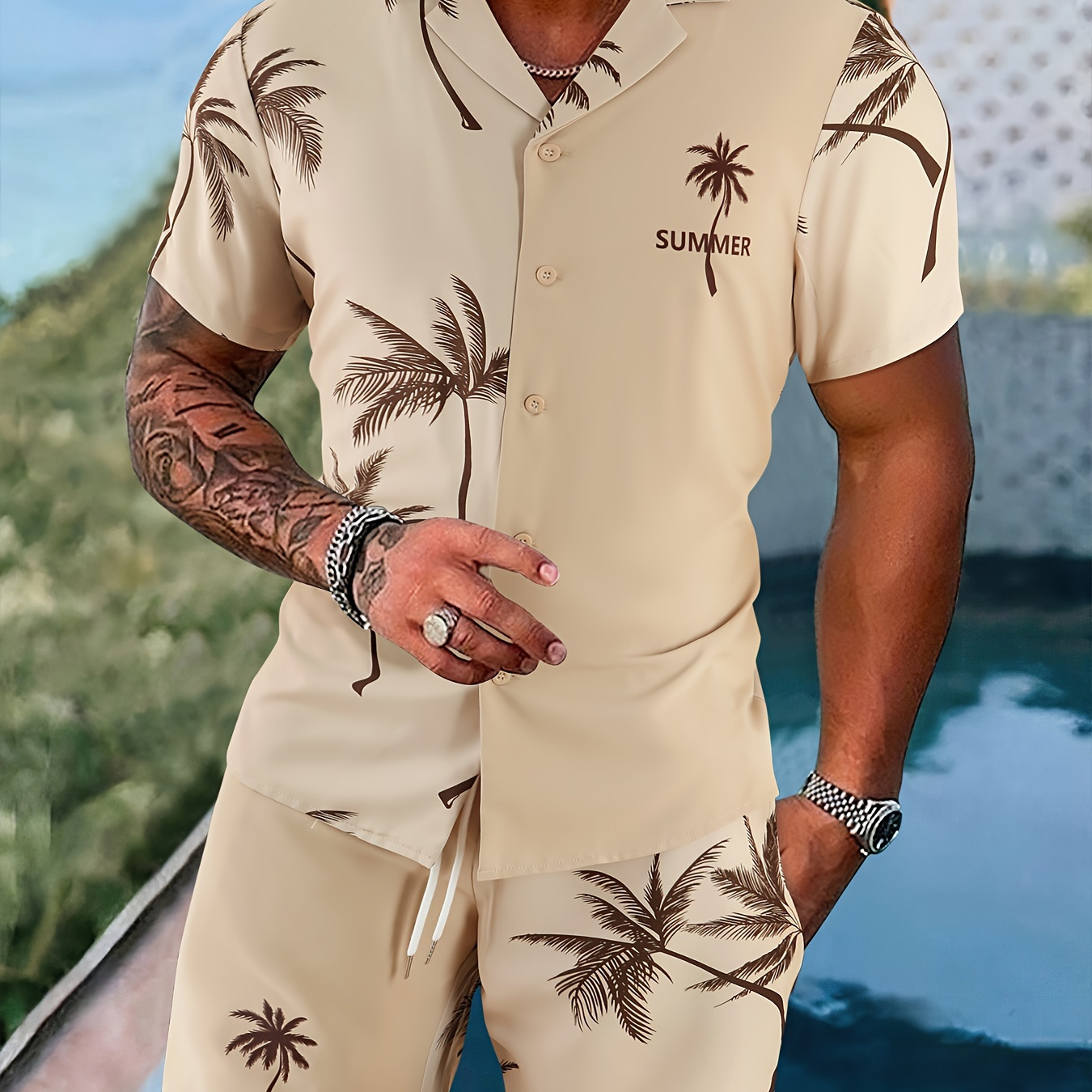 

Men's 2pcs Casual Co Ord Set Of Coconut Tree Pattern Outfits, Short Sleeve Button Up Lapel Shirt And Shorts With Drawstring And Pockets, Suitable For Summer Daily And Holiday Outerwear
