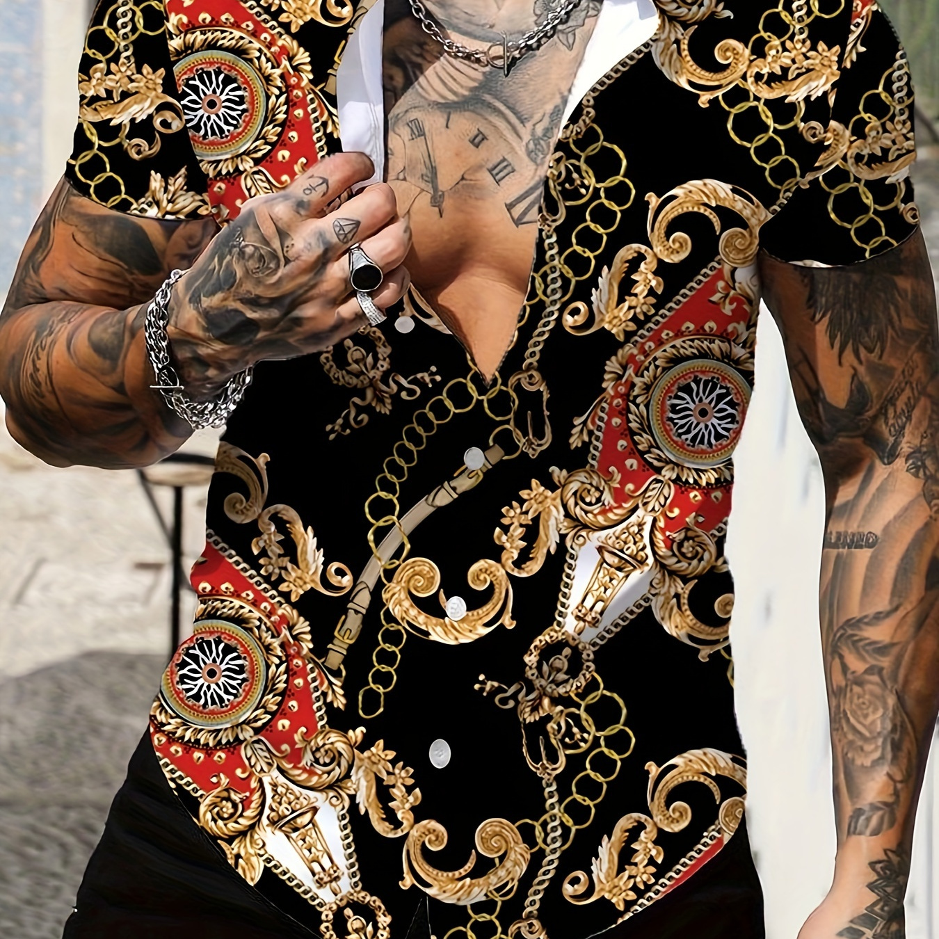 

Baroque Style Flower And Gold Chain Pattern Men's Vintage Summer Short Sleeve Lapel Shirt For Banquet Occasions