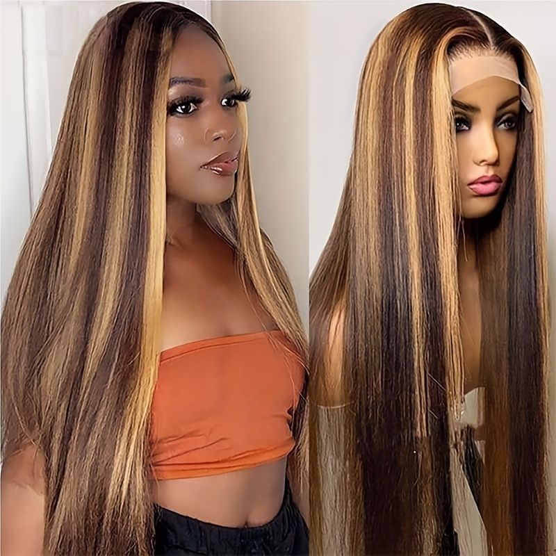 

Highlight Long Straight Lace Front Human Hair Wigs Ombre 13x6x1 Transparent Hd Lace Front Wig 4/27 150 Density Wig For Women 14-26 Inch