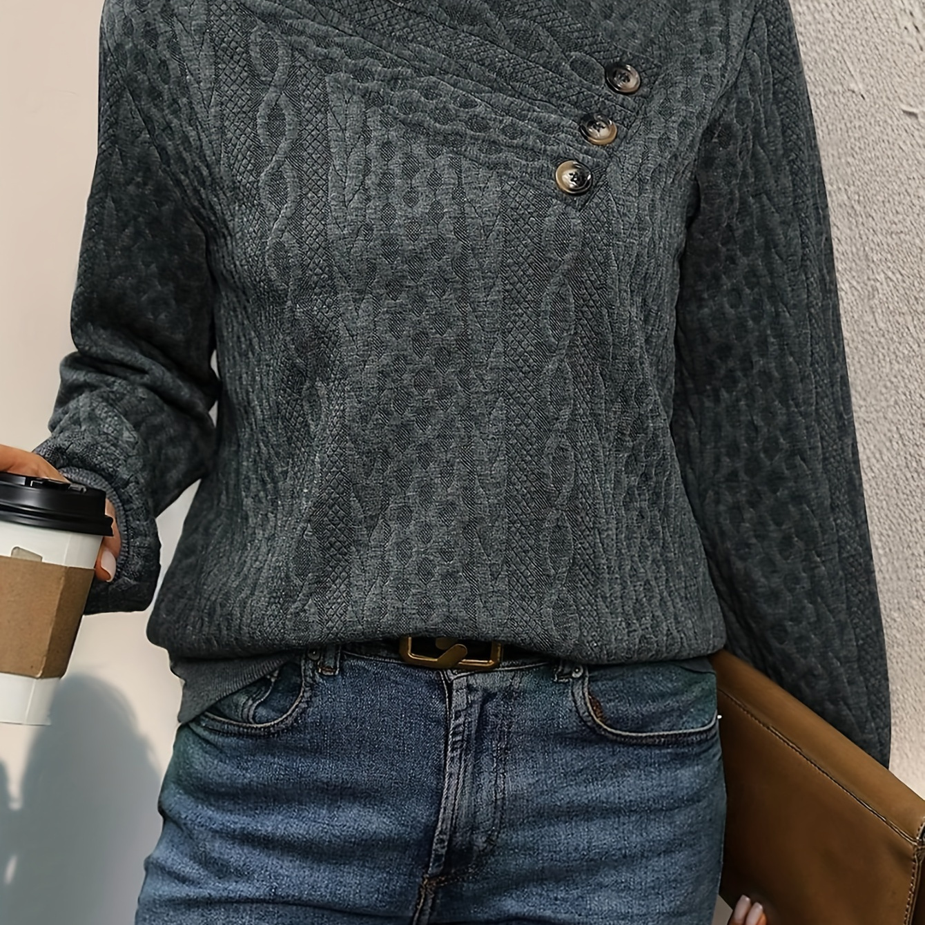 

Women's Winter Knit Sweater - Casual Long Sleeve Pullover With Slant Shoulder, Solid Color, Polyester, H-fit, Regular Fit, Pad, No Belt, False Button Detail