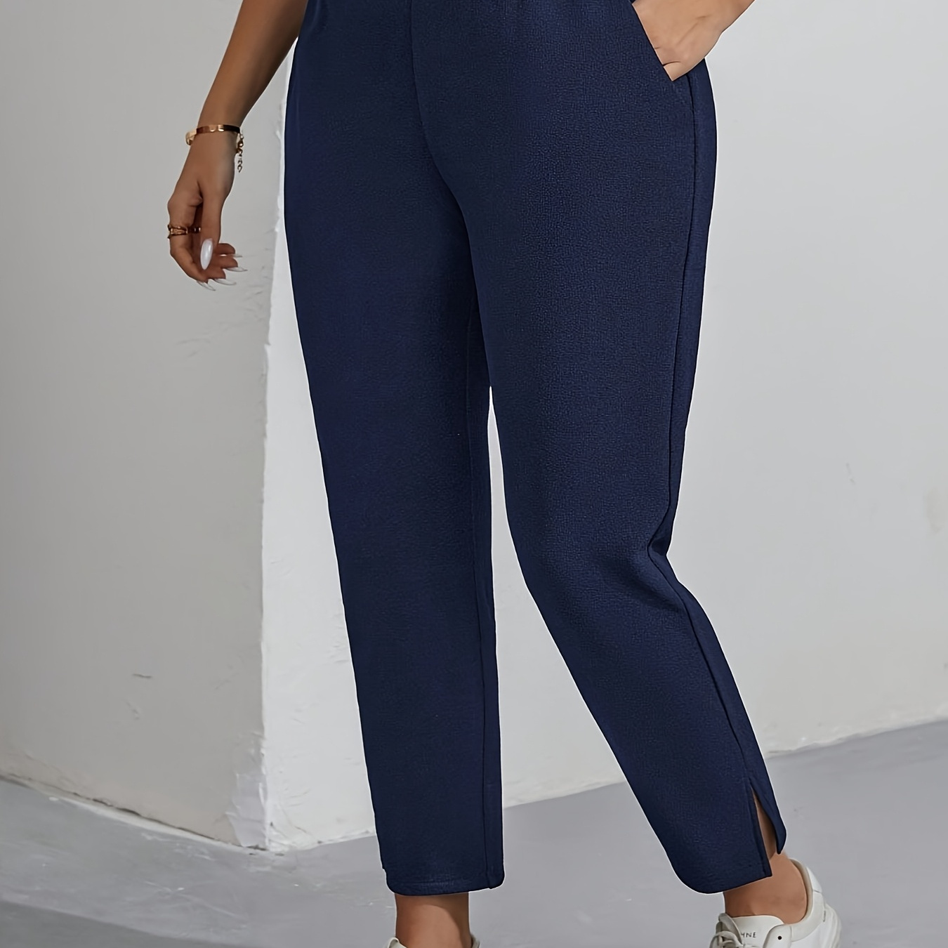 

Pantalon Droit Élégant de Couleur Unie avec Poches, Tissu en Polyester Tricoté, Lavable en Machine - Toutes