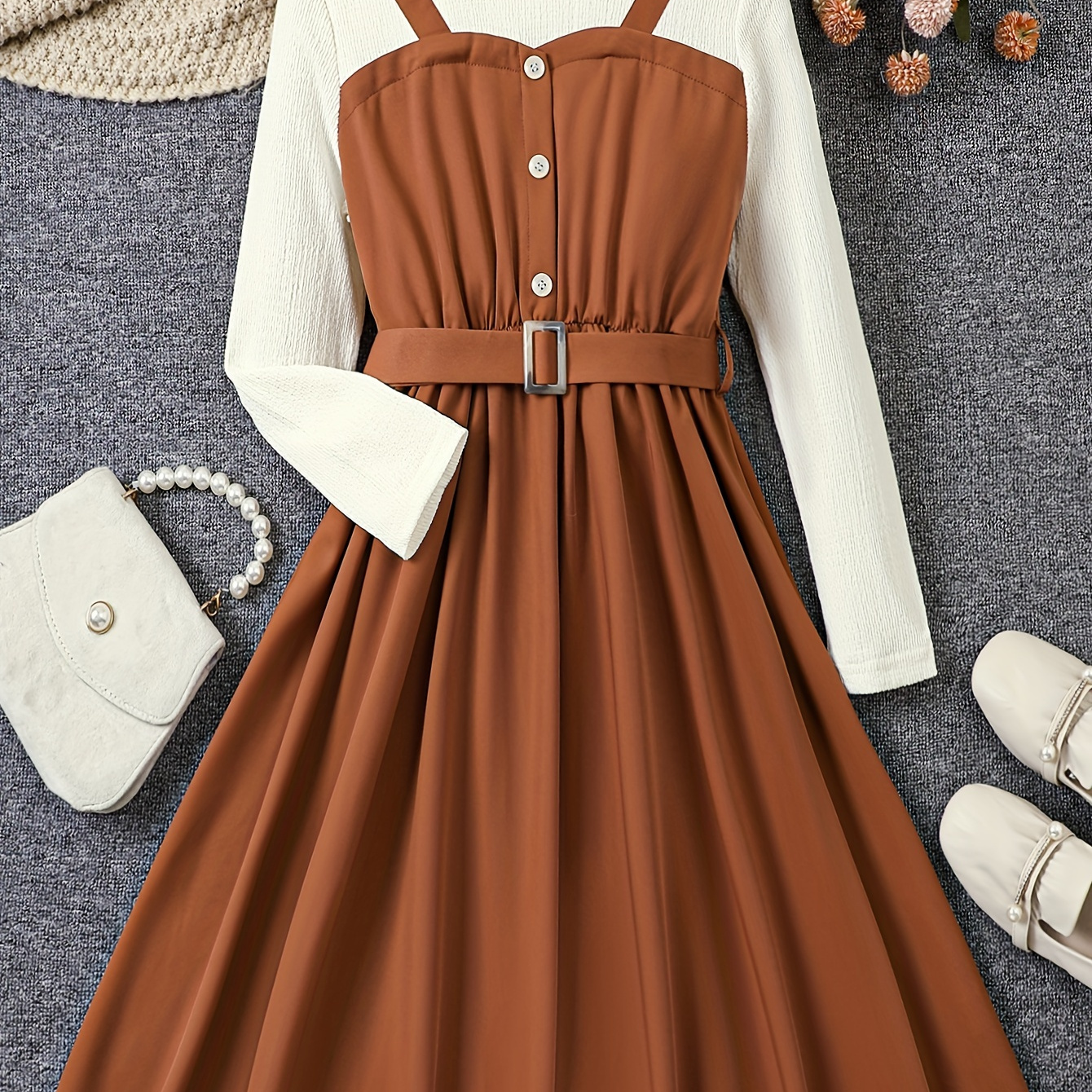 

Elegant Girls Splicing Frill Trim Long Sleeve Dress With Belt Spring Fall Gift Party