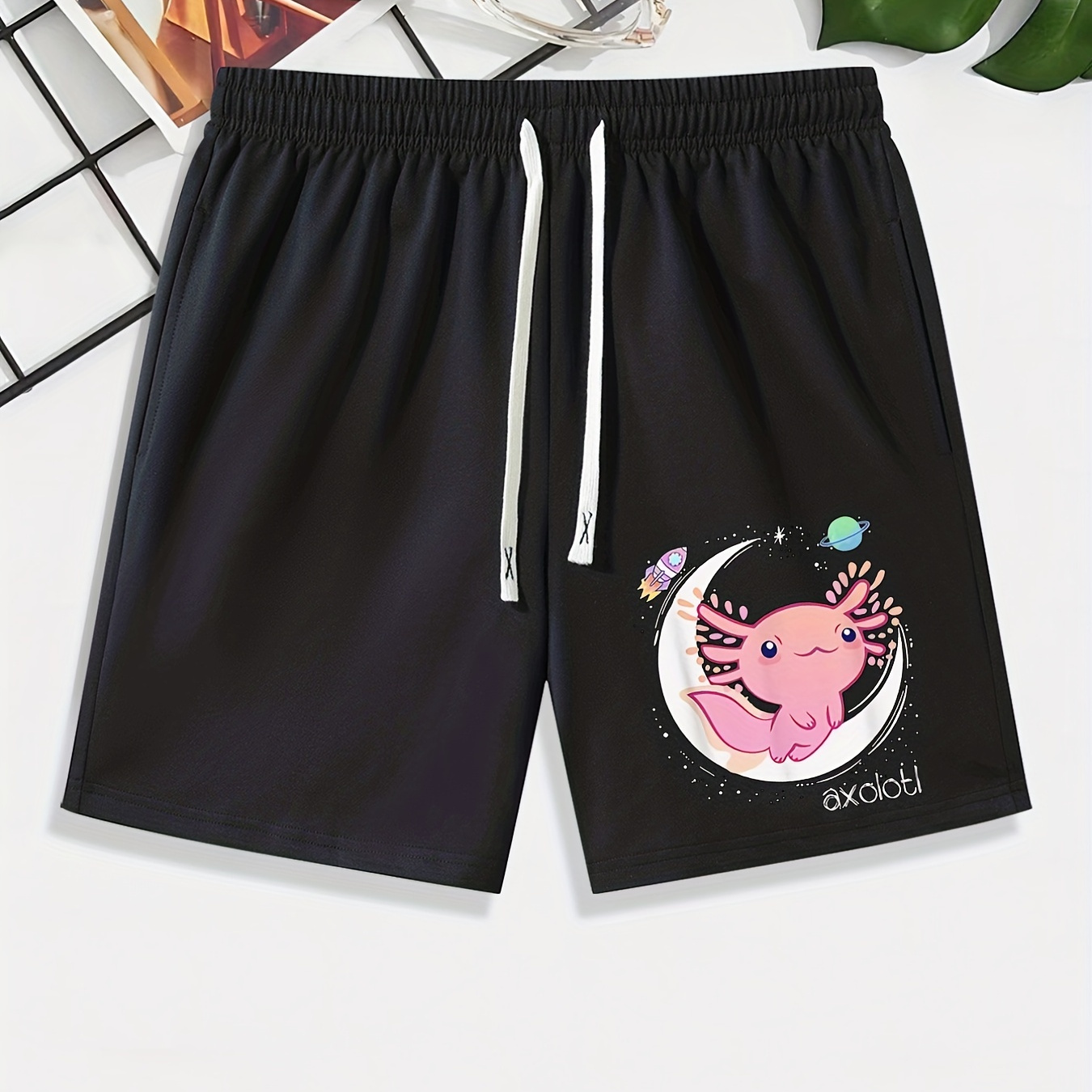 

Cute Axolotl & Moon & Rocket Various Pattern Comfy Shorts, Men's Casual Slightly Stretch Elastic Waist Drawstring Shorts For Summer Basketball Beach Resort