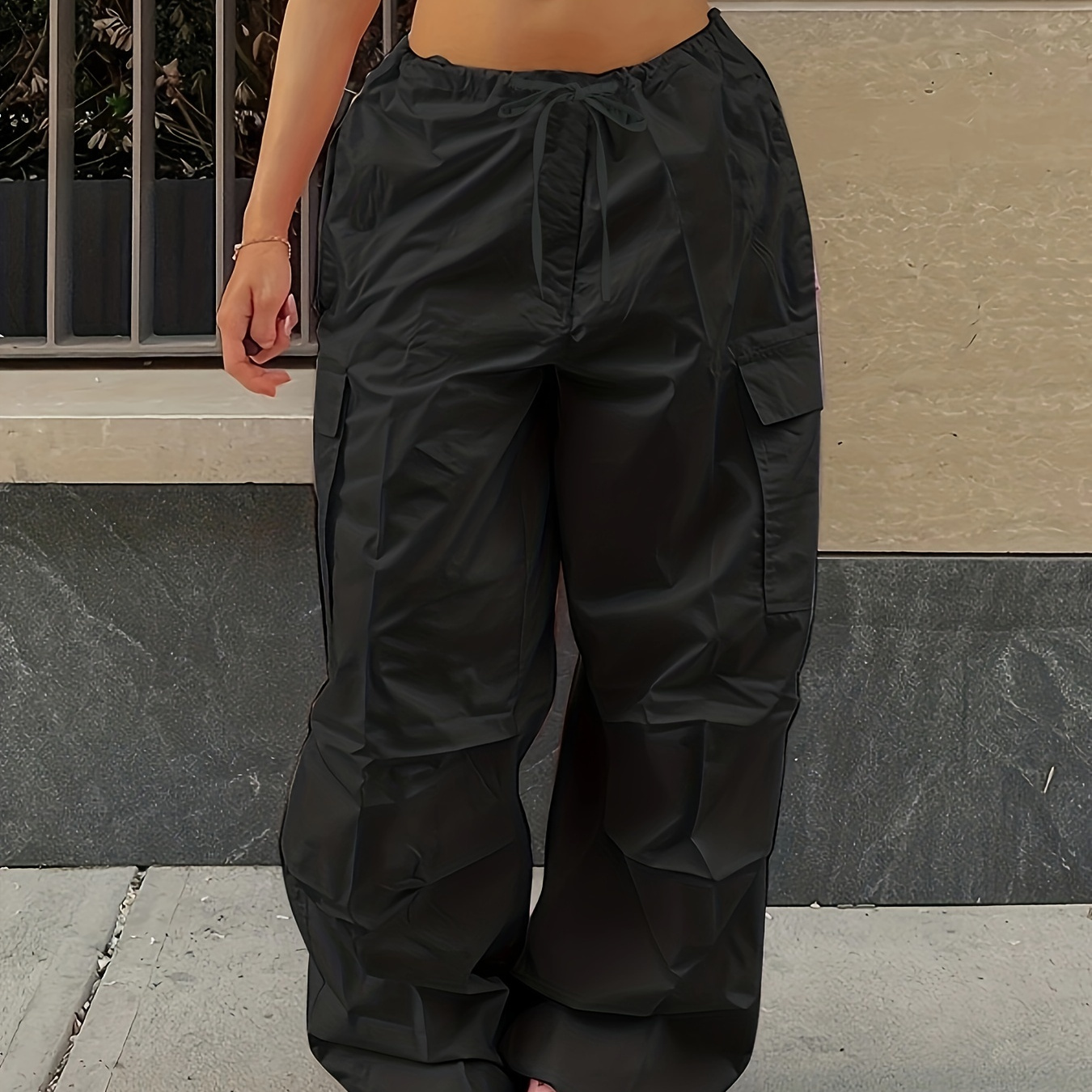 

Y2k Loose Drawstring Cargo Pants, Casual Pocket High Waist Solid Wide Leg Fashion Comfy Pants, Women's Clothing