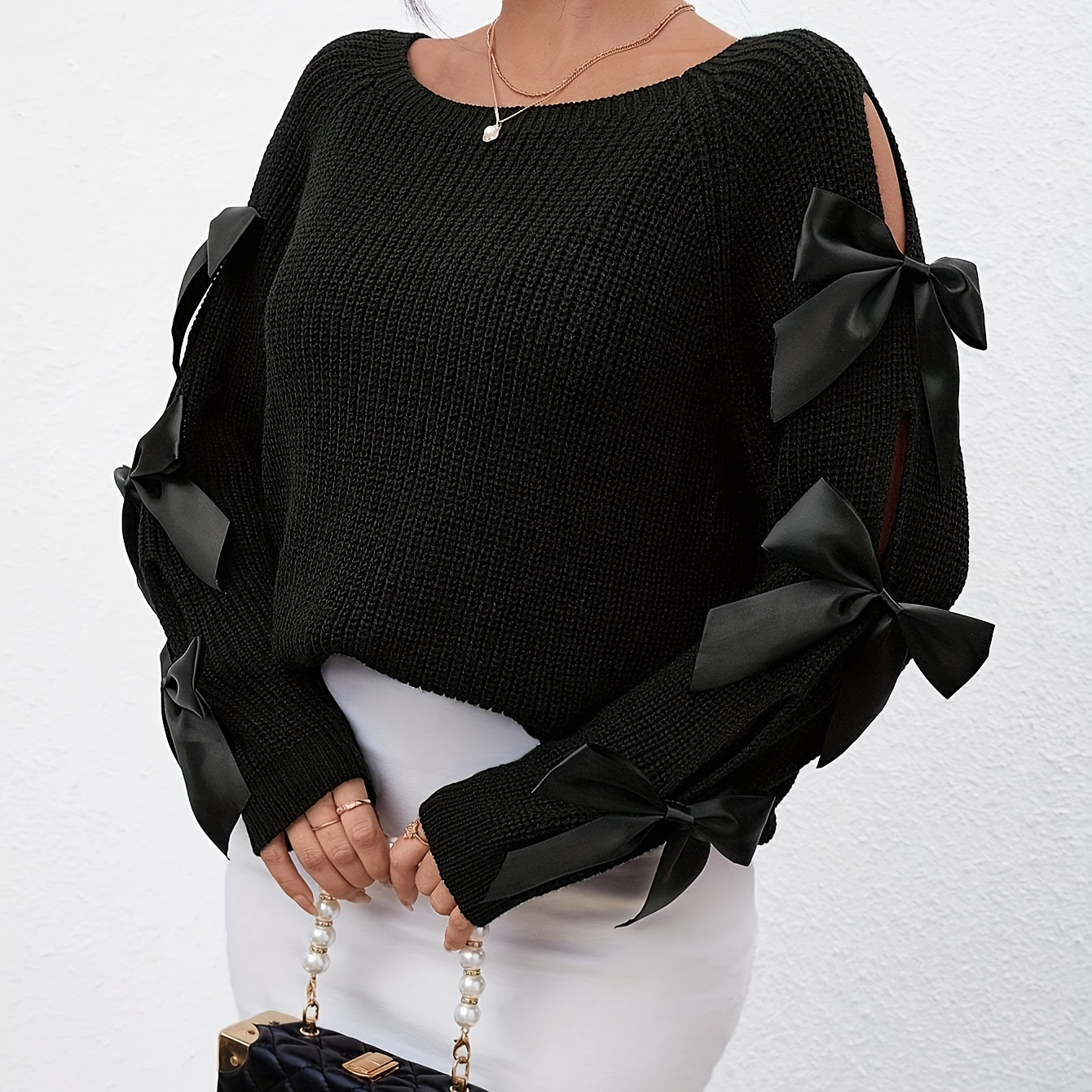 

Women's Casual Crew Neck Pullover Sweater, Acrylic Knit Fabric, Solid Color, With Bow Detail On Sleeves For All