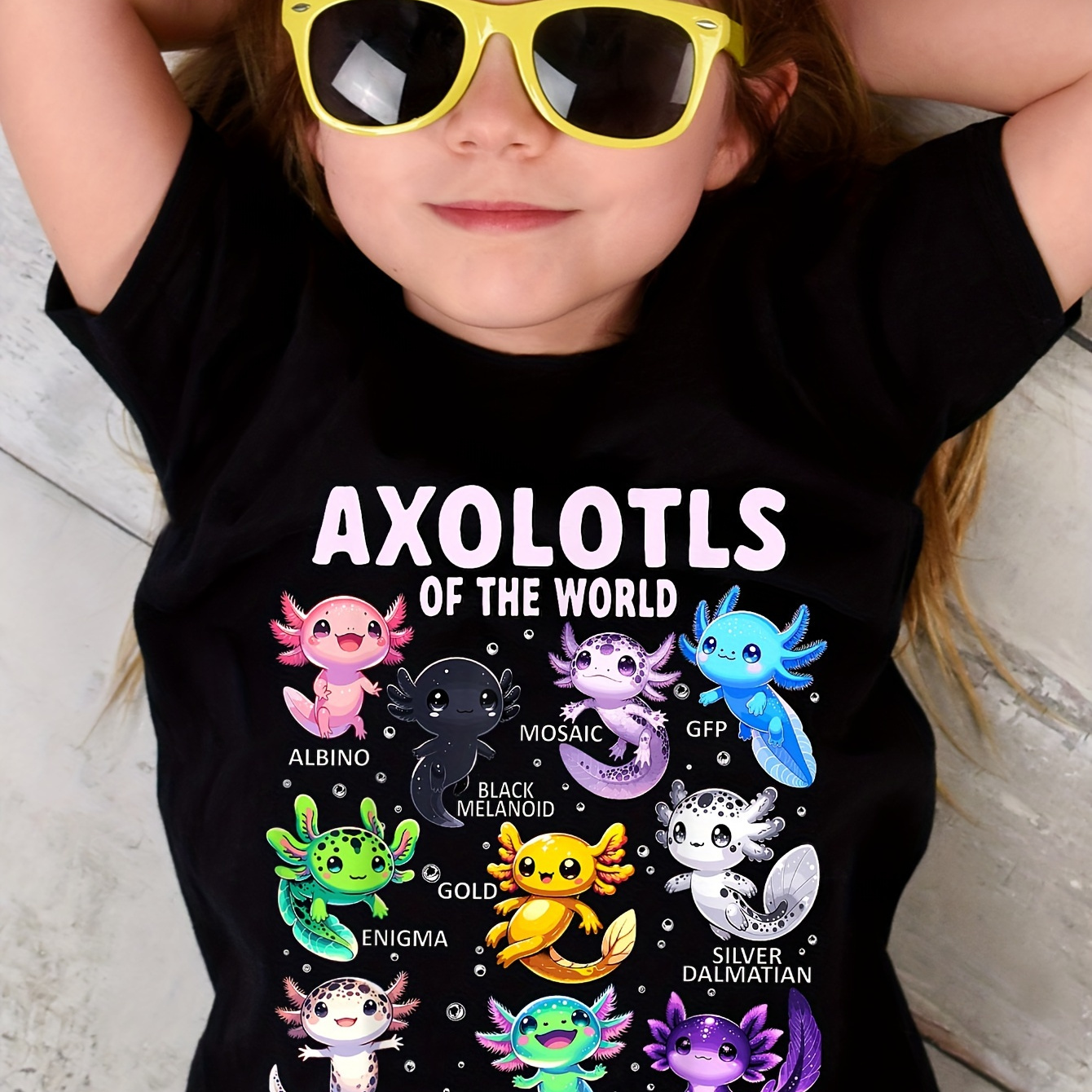 

Colorful Cartoon Axolotls Graphic Print Tee, Girls' Casual & Comfy Crew Neck Short Sleeve T-shirt For Spring & Summer, Girls' Clothes For Everyday Activities