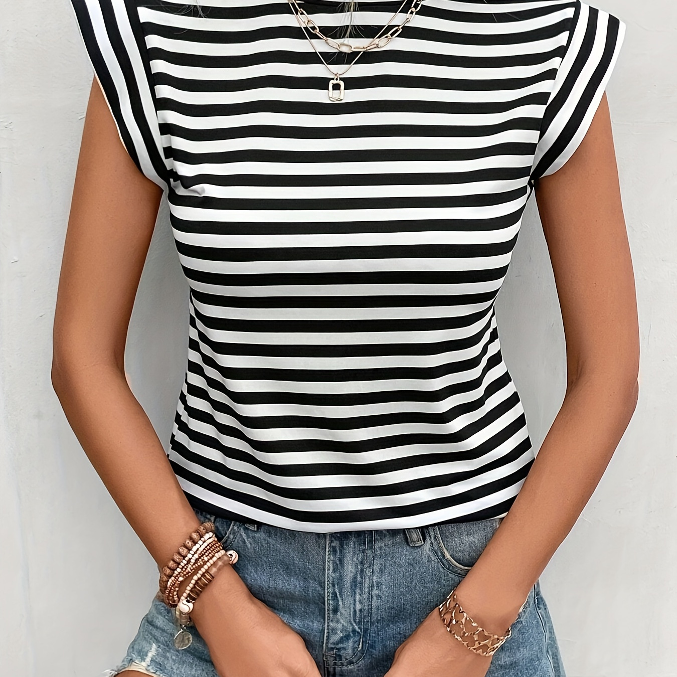 

Striped Print Crew Neck T-shirt, Casual Cap Sleeve T-shirt For Spring & Summer, Women's Clothing