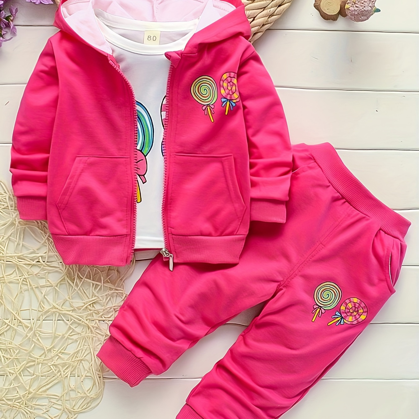 

3pcs Infant & Toddler's Cartoon Lollipop Print Sporty Outfit, Hooded Jacket & Long Sleeve T-shirt & Sweatpants, Baby Girl's Clothes