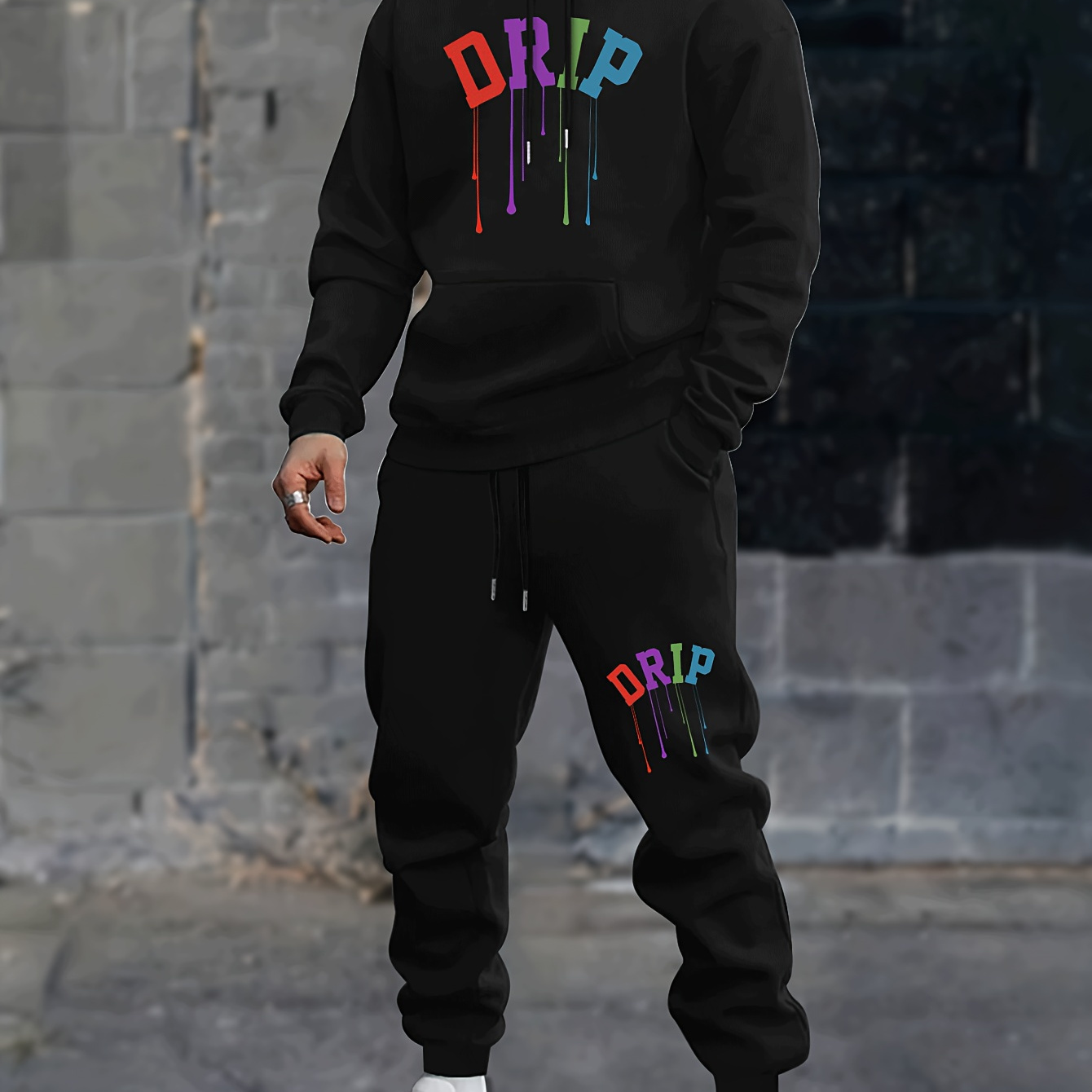 

Drip Colored Print Men's Comfortable Hooded Sport Suit, Fashionable Casual Regular Knit Fabric Medium Stretch Sport Wear Hoodie And Pants Set For Men Or Outdoor Sports