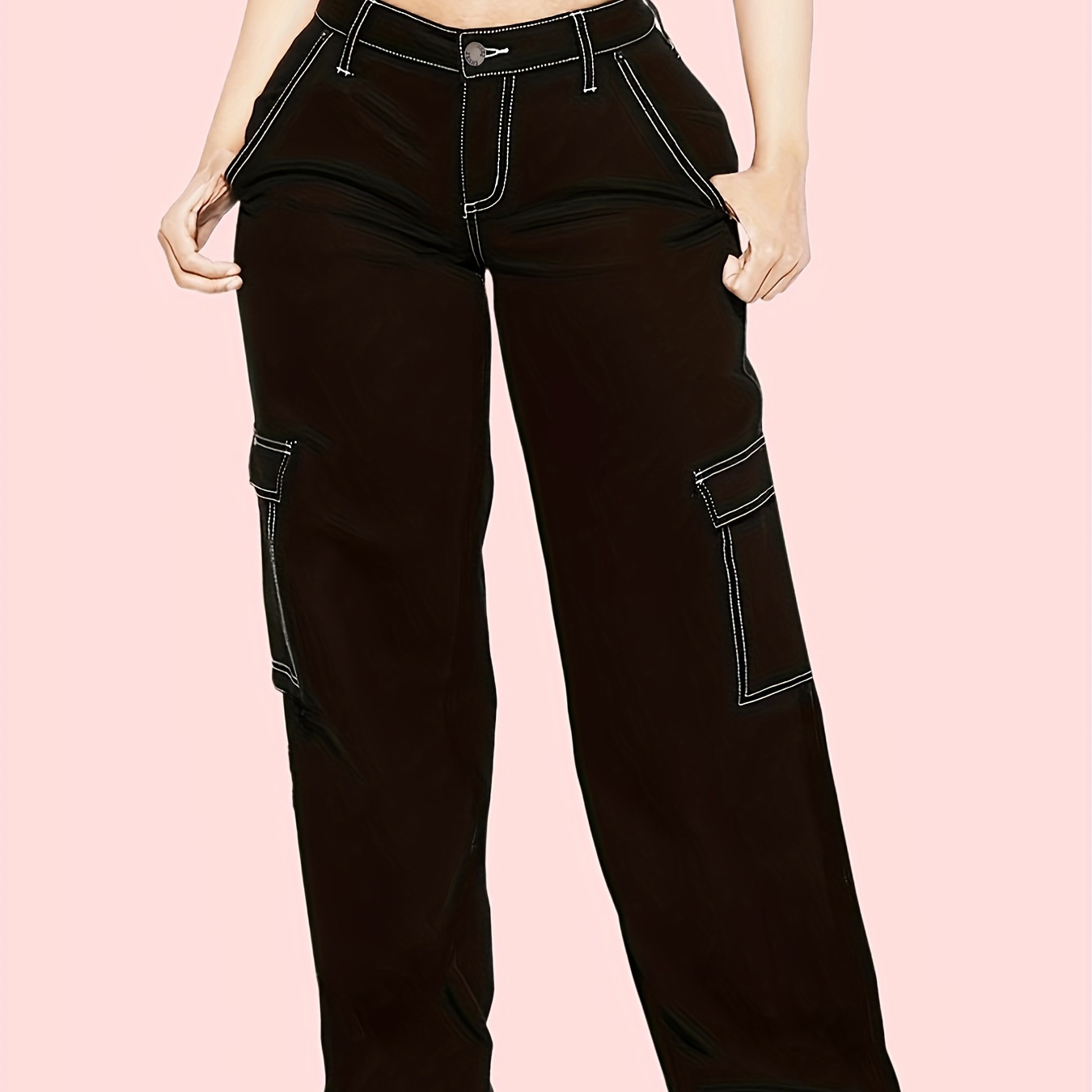 Black Multi-pocket Contrast White Seam Loose Denim Cargo Pants, Solid