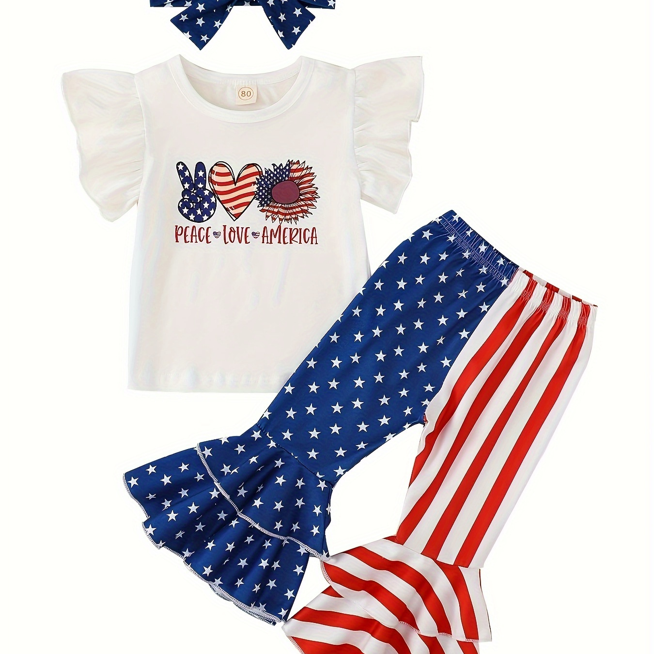 

Little Girls' 4th Of July Independence Day Toddler Kids Outfit, Cap Sleeve Top & Stitching Color Flared Pants Clothing Sets