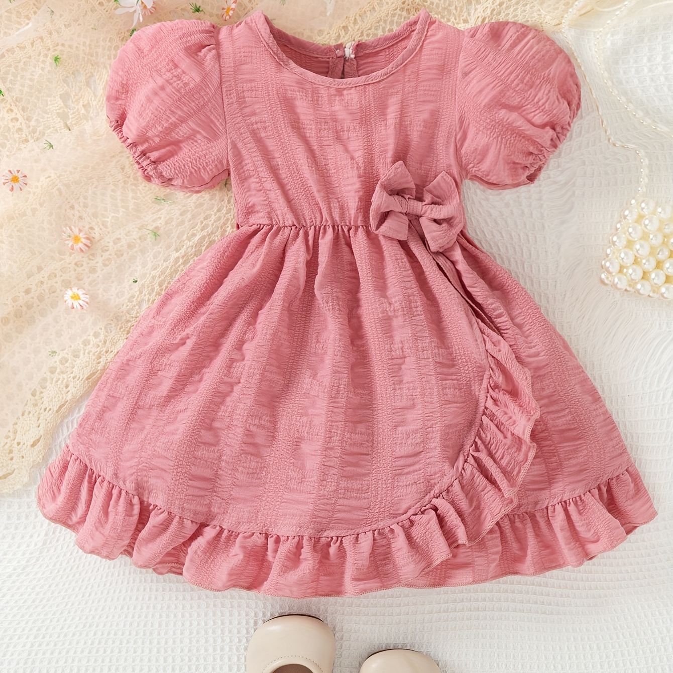 

Baby's Bowknot Decor Textured Princess Dress, Ruffle Trim Puff Sleeve Dress, Infant & Toddler Girl's Clothing For Summer/spring, As Gift