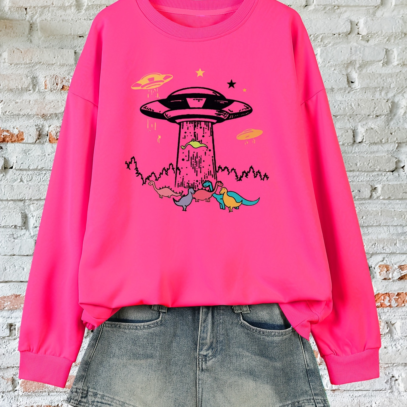 

Plus Size Ufo & Dinosaur Print Sweatshirt, Casual Long Sleeve Crew Neck Pullover Sweatshirt, Women's Plus Size Clothing