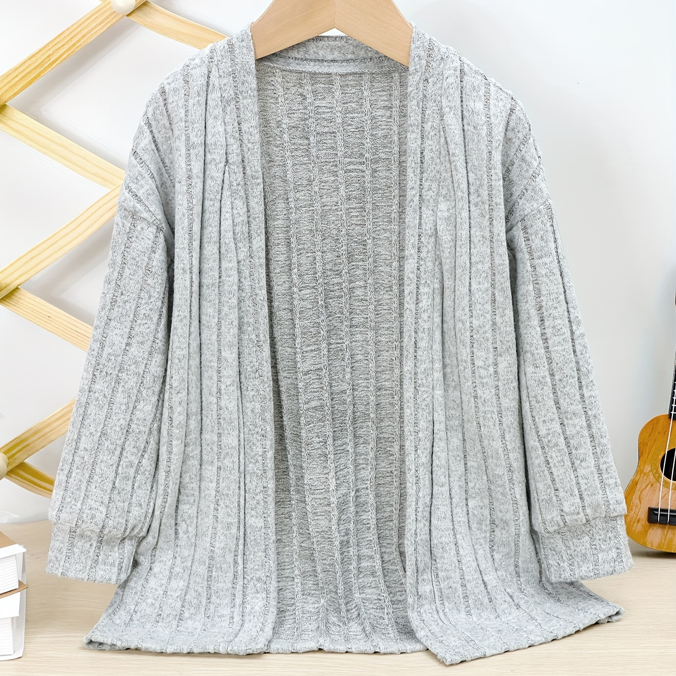 

Solid Knit Cardigan For Girls, Open Front Shawl Knit Coats For Spring And Autumn