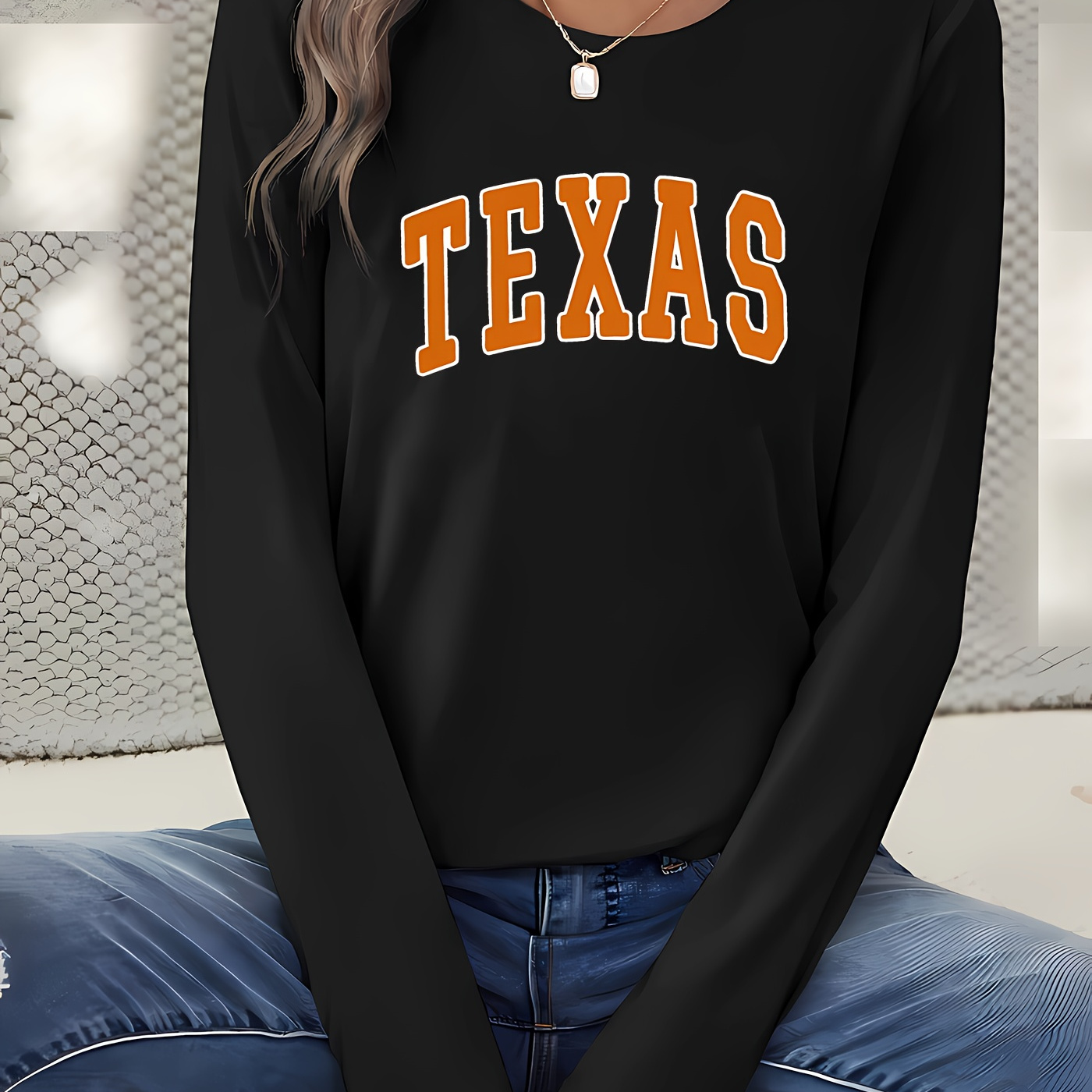 

Texas Orange Long Sleeve T-shirt For Women - Casual Crew Neck, Soft Polyester , Machine Washable