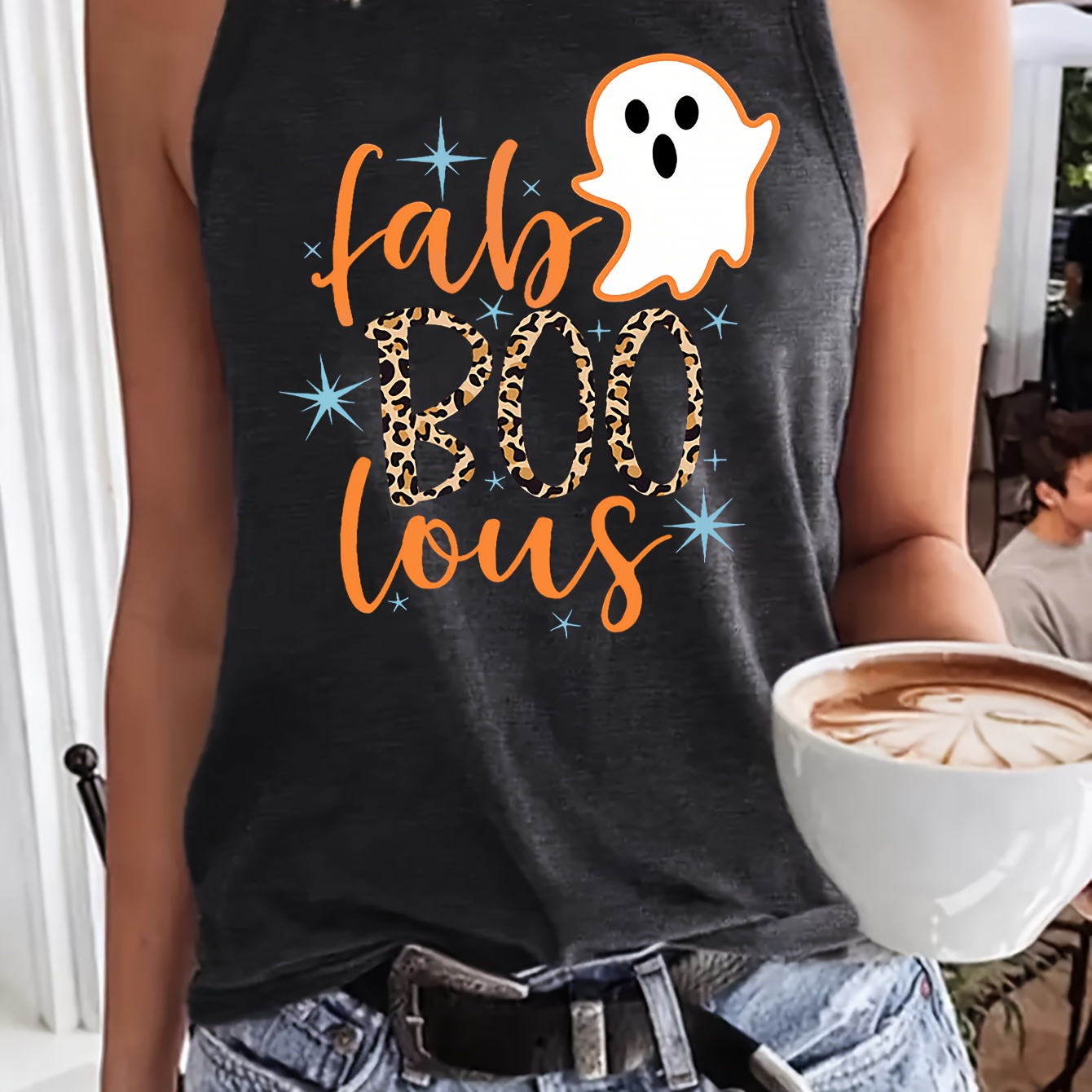 

Halloween Ghost Print Tank Top, Sleeveless Casual Top For Summer & Spring, Women's Clothing