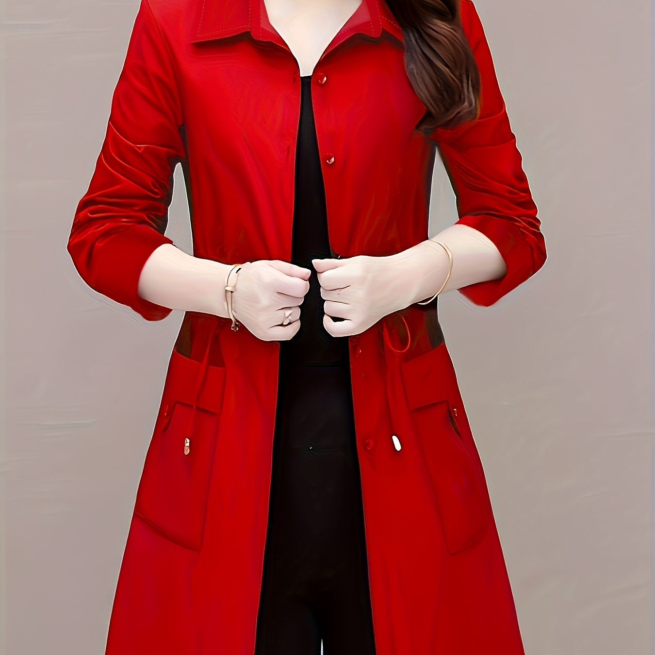 

Manteau Trench Rouge Chic Pour Femme, Polyester 100% Couleur Unie, Col À , Tissu Tissé, Léger 130g/m², Veste Chemise Longue Slim Fit Pour La Mode Printemps/Été