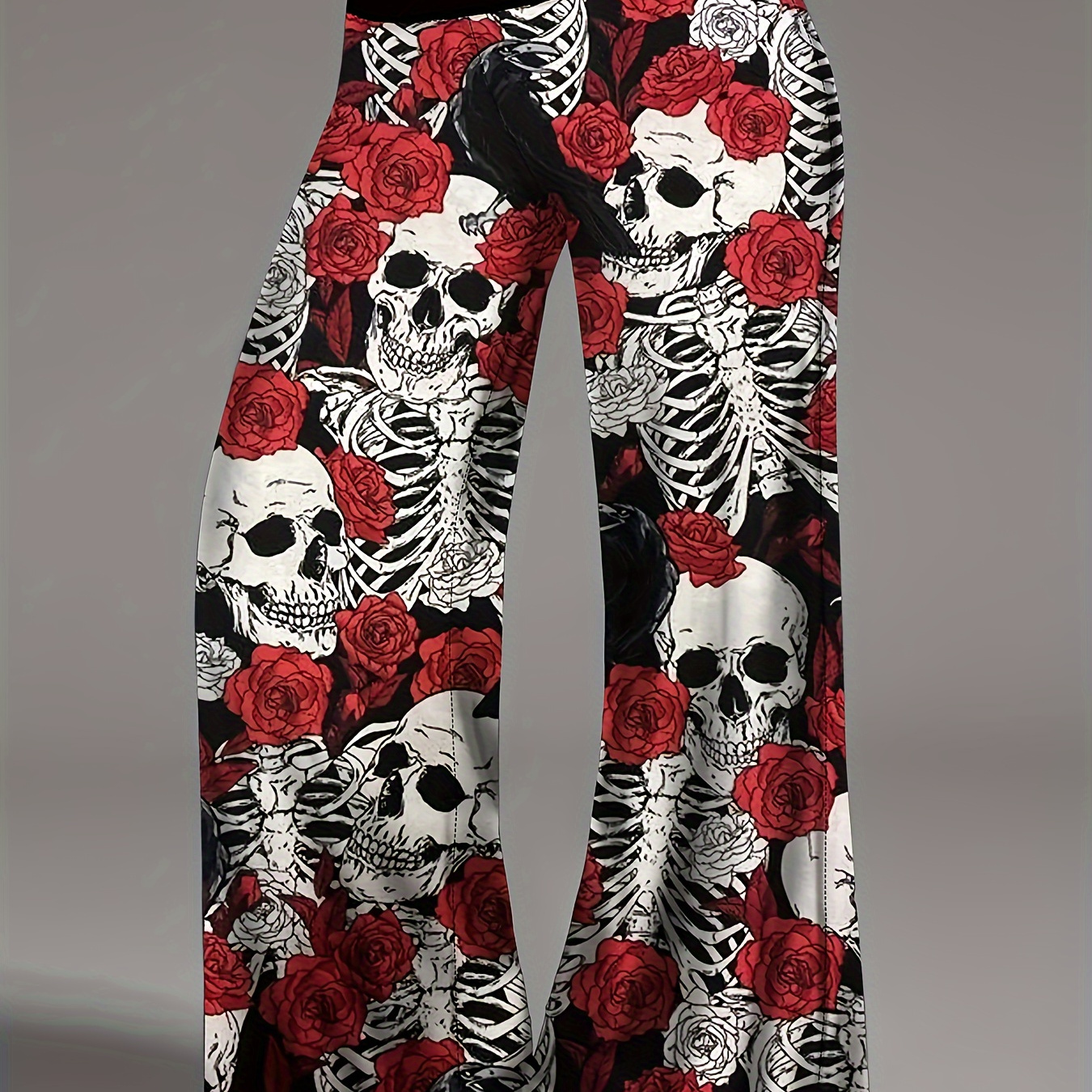 

Plus Size Skull & Floral Print Wide Leg Pants, Casual High Waist Pants For Spring & Summer, Women's Plus Size Clothing