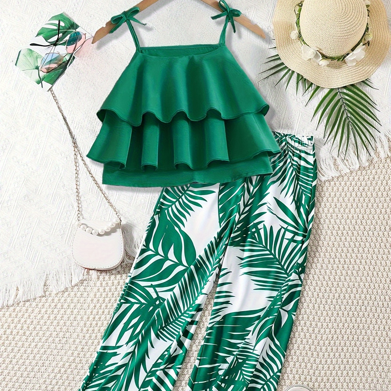 

Summer Outfits Girl's Green Ruffle Sling Top + Tropical Leaf Graphic Pants Set Holiday Casual Going Out Summer Clothes