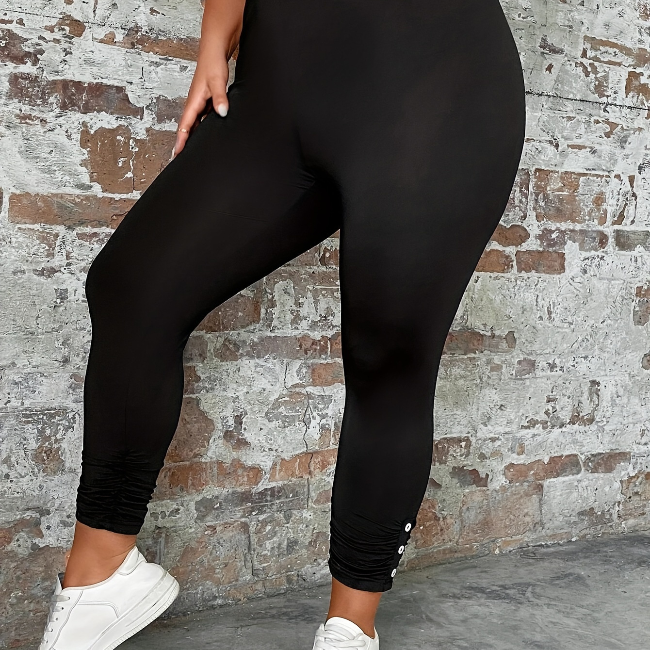 

's Plus Size -waist Leggings Button - Fit, Non-see-through, , Knit Pants , Washable - & Elastane