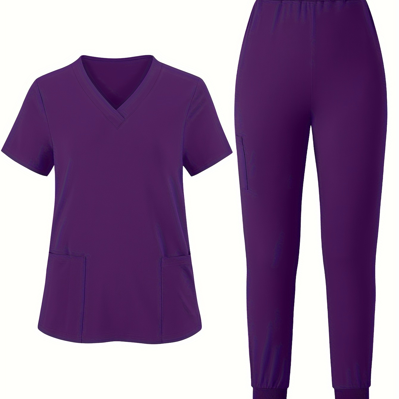 

[2pcs V-neck Scrub Set] Women's V-neck Scrub Set 2pcs With Short Sleeve Top And Jogger Pants, Polyester Knit Fabric Medical Uniform With Solid Color, Pockets For All