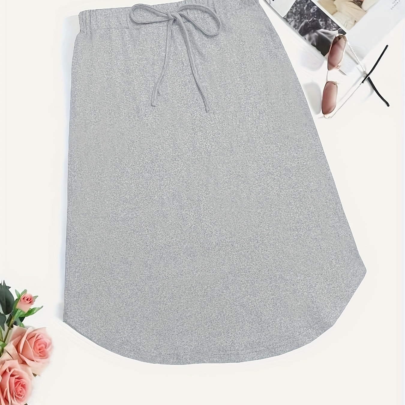 

Solid Split Arc Hem Skirt, Elegant Tied Elastic Waist Midi Skirt, Women's Clothing