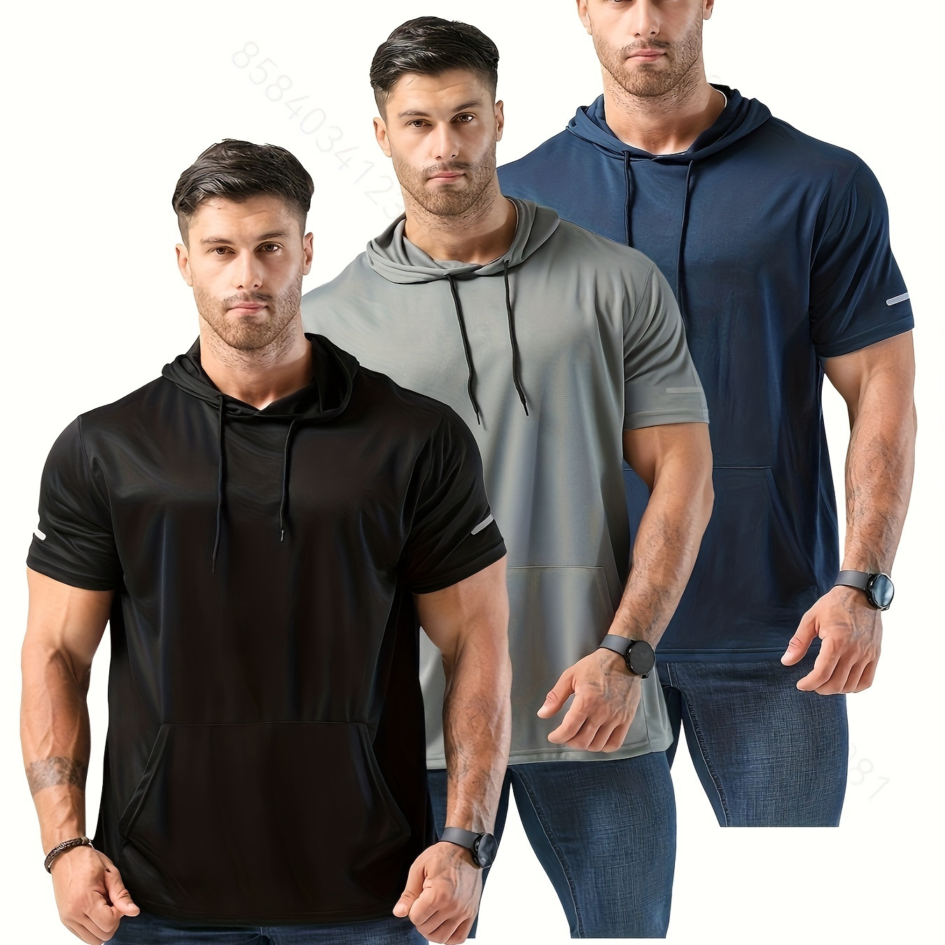 

3pcs Men's Solid Hooded Short Sleeve T-shirts With Kangaroo Pocket, Slight Stretch Comfy Tops For Summer Casual, Outdoors And Sports Wear