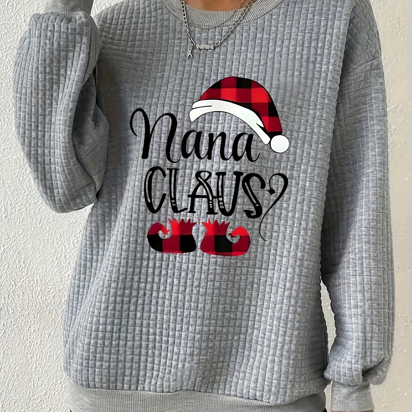 

Plus Size Women's Christmas Waffle Knit Sweatshirt - Casual & Trendy With Santa Hat & Candy Cane Design, Long Sleeve, Round Neck, Machine Washable, Polyester - , Christmas Clothes