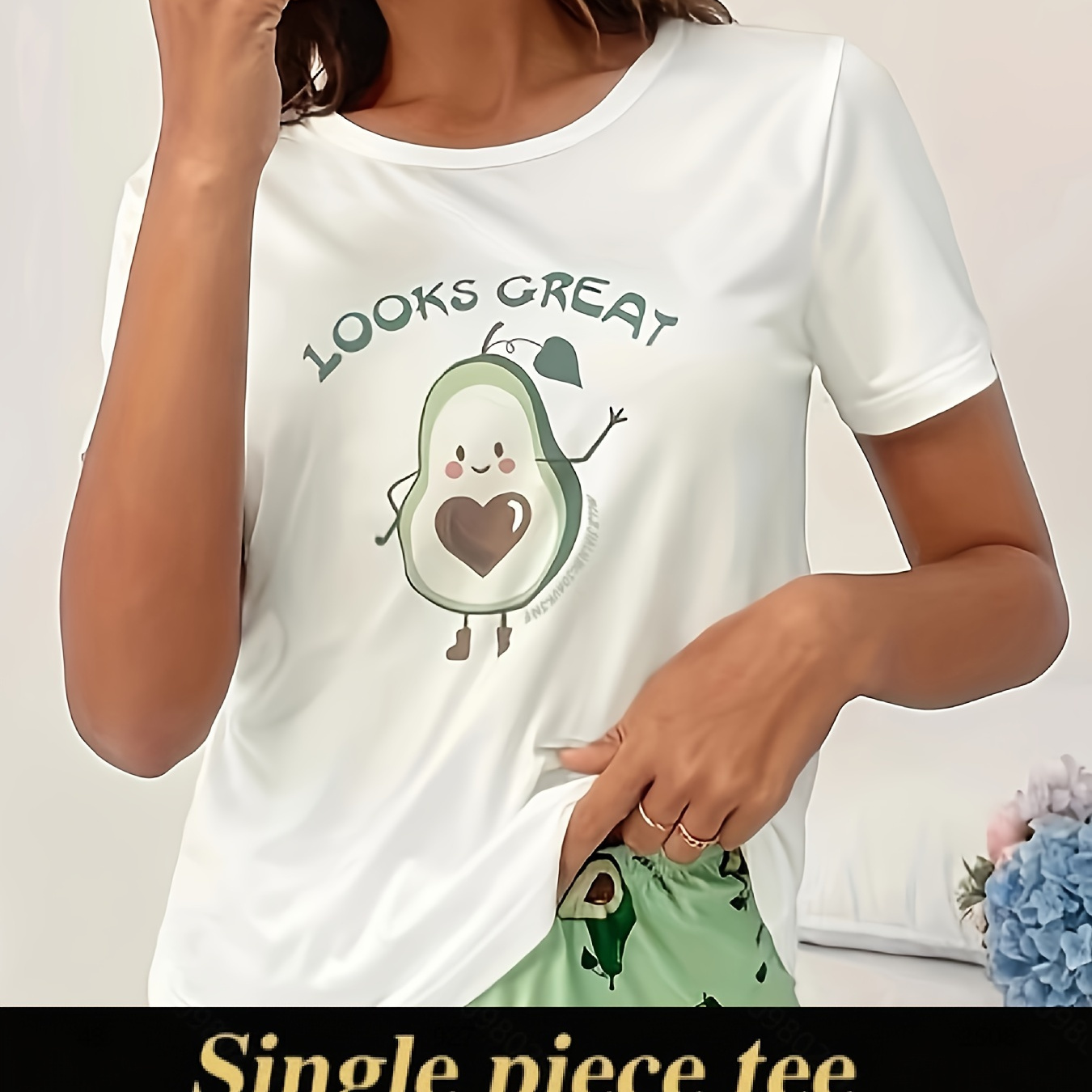 

Cute Avocado & Letter Print Pajama Tops, Short Sleeve Round Neck T-shirt, Women's Sleepwear & Loungewear