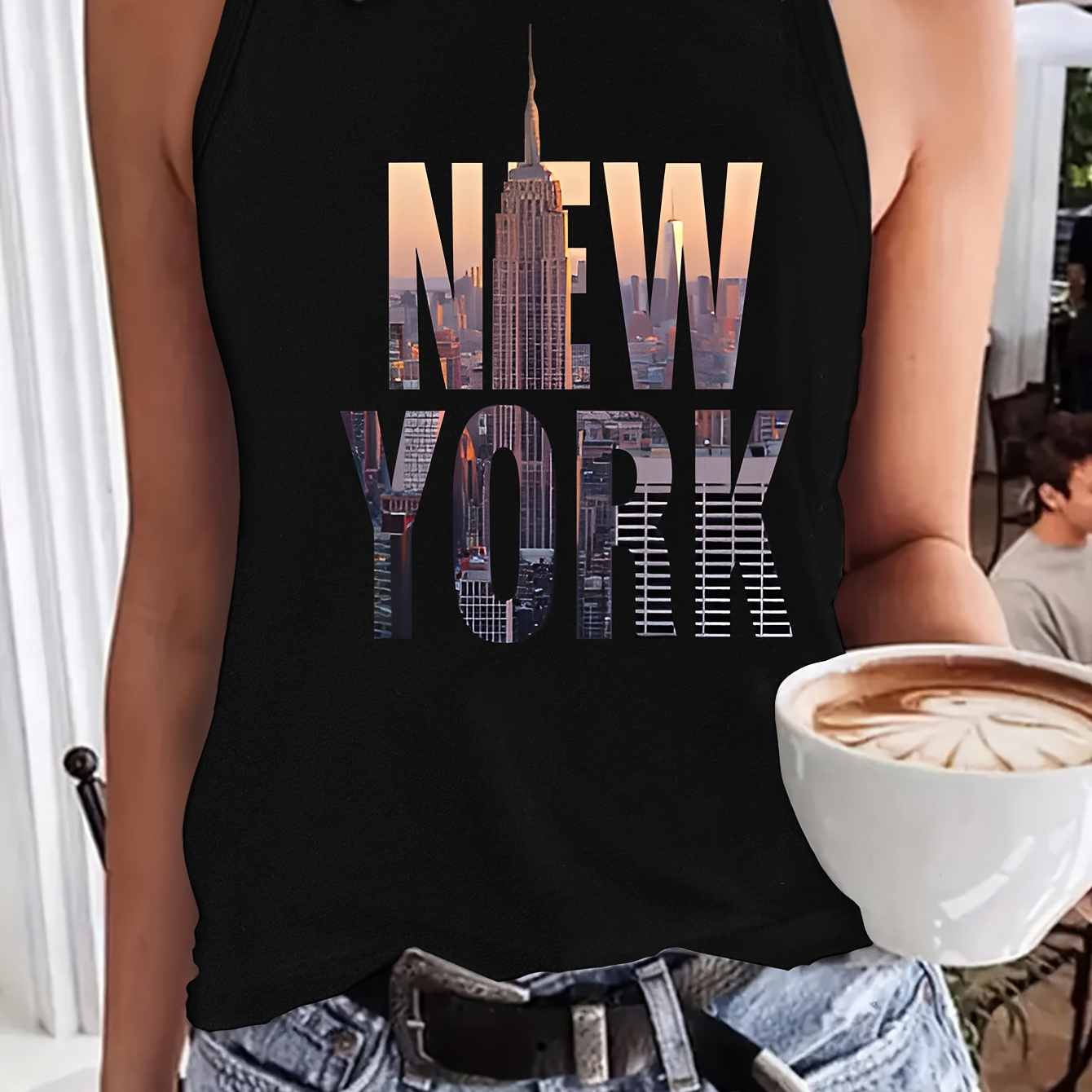 

New York City Print Tank Top, Casual Crew Neck Sleeveless Top For Summer, Women's Clothing