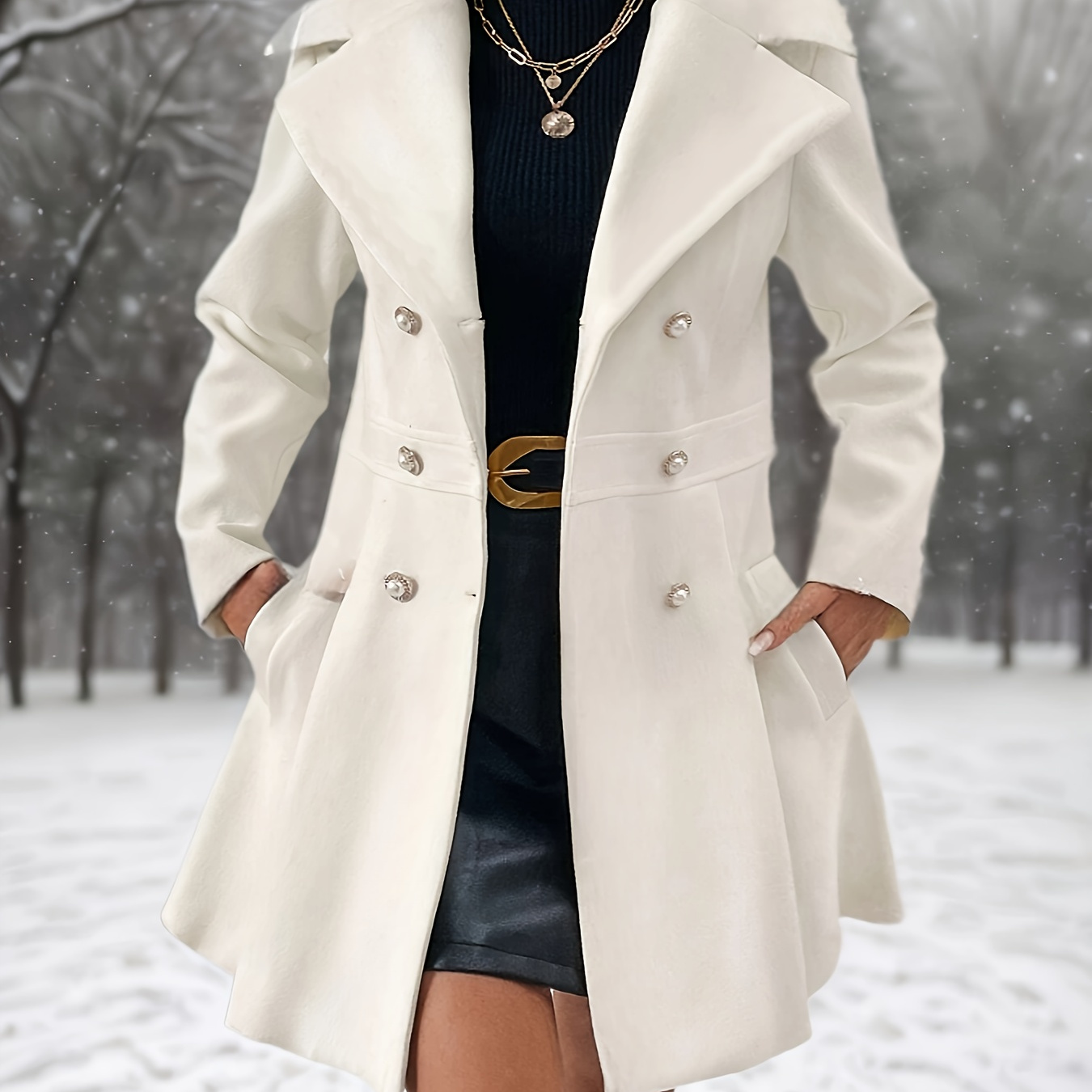 

1pc Elegant Polyester Trench Coat With Double-breasted Buttons And , Solid Color Woven Outerwear For Fall/winter