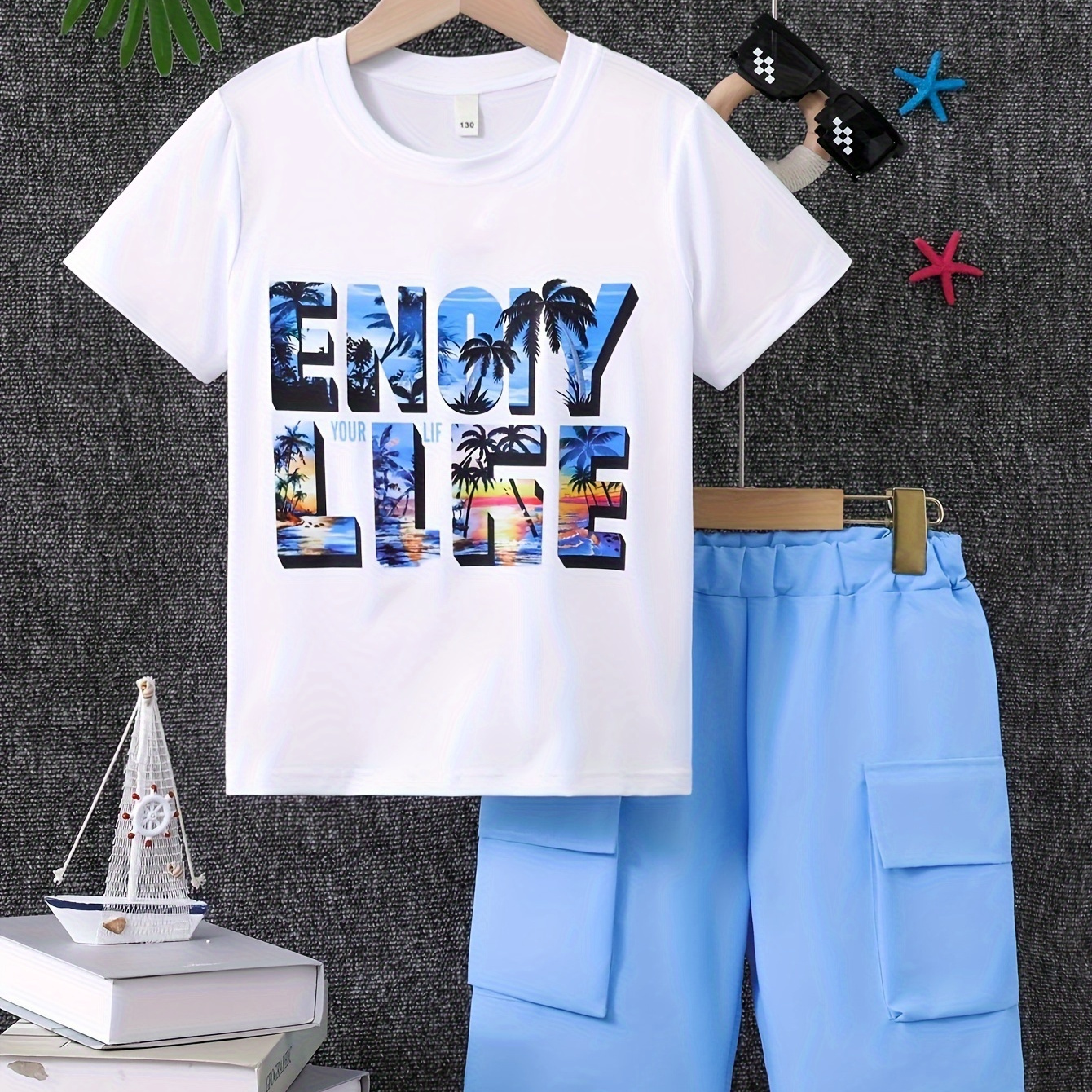 

Boy's "enjoy Life" Landscape Pattern 2pcs Casual Outfit, T-shirt & Cool Cargo Shorts Set, Boy's Clothes For Summer