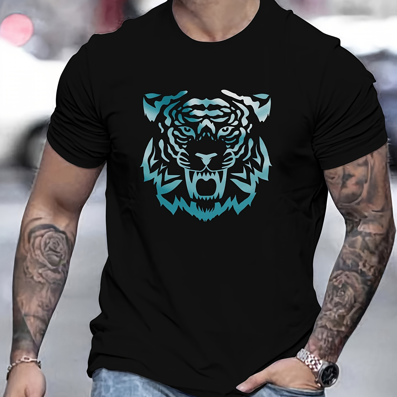 

Tiger Graphic Print, Men's Casual Fit Cotton T-shirt, Cool Tee Top Clothes For Men For Summer For Everyday Activities