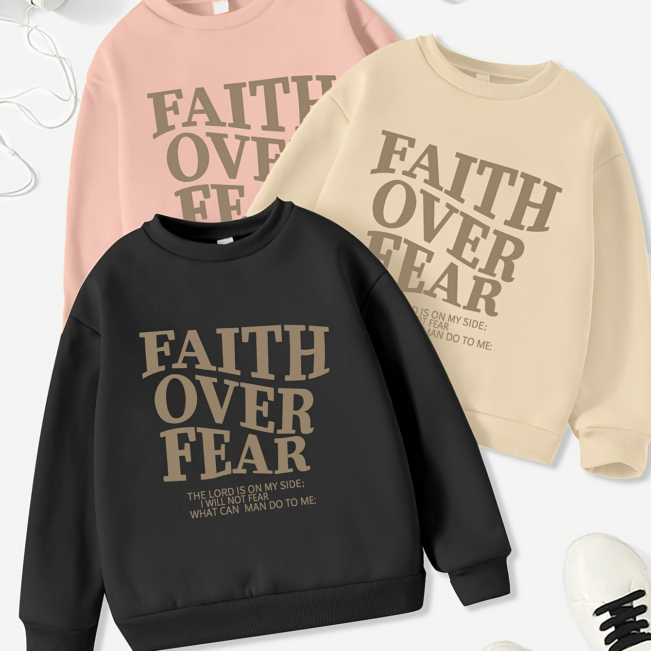 

Faith Over Fear Print, Girls 3pcs/set Trendy & Casual Long Sleeve Sweatshirts For Fall & Winter, Street Style Clothing For Girls