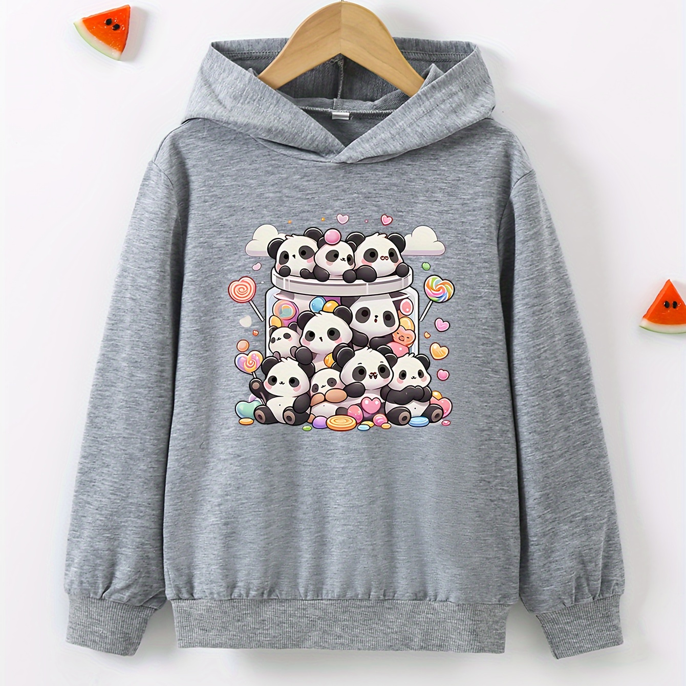 

Girls' Spring/autumn Long Sleeve Printed "jar Panda" Hoodie, Casual Polyester Knit Pullover With Hood, Stretchy Fabric, Cartoon Pattern, Loose Fit, Fashionable Kids' Sweatshirt