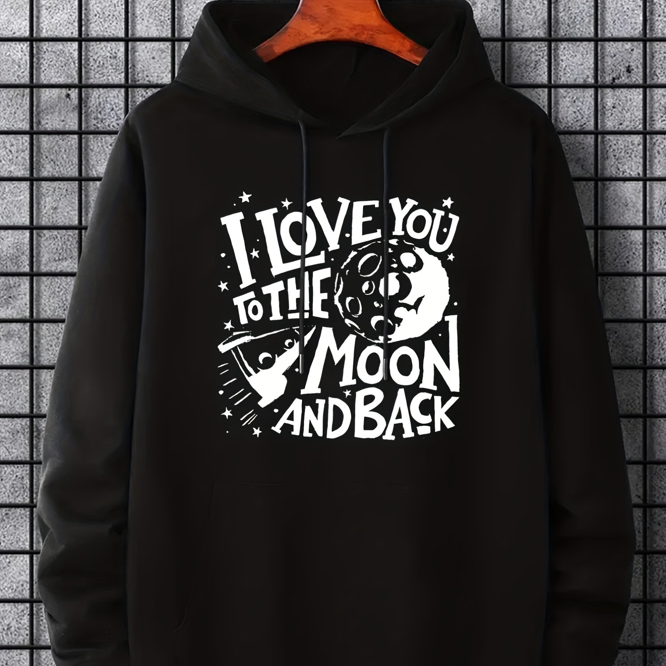 

I Love You To The Moon And Back Print Hoodie, Cool Hoodies For Men, Men's Casual Graphic Design Pullover Hooded Sweatshirt With Kangaroo Pocket Streetwear For Winter Fall, As Gifts