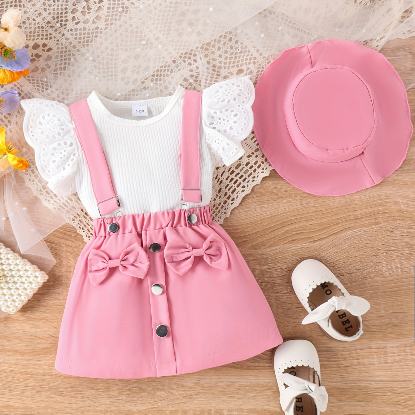 

2pcs Baby Girls White Flying Sleeve Top + Cute Bow Suspender Skirt With Hat Set