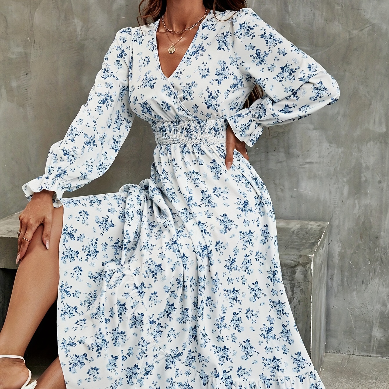 

Floral Print V-neck Aline Dress, Elegant Long Sleeve Shirred Waist Maxi Dress For Spring & Fall, Women's Clothing