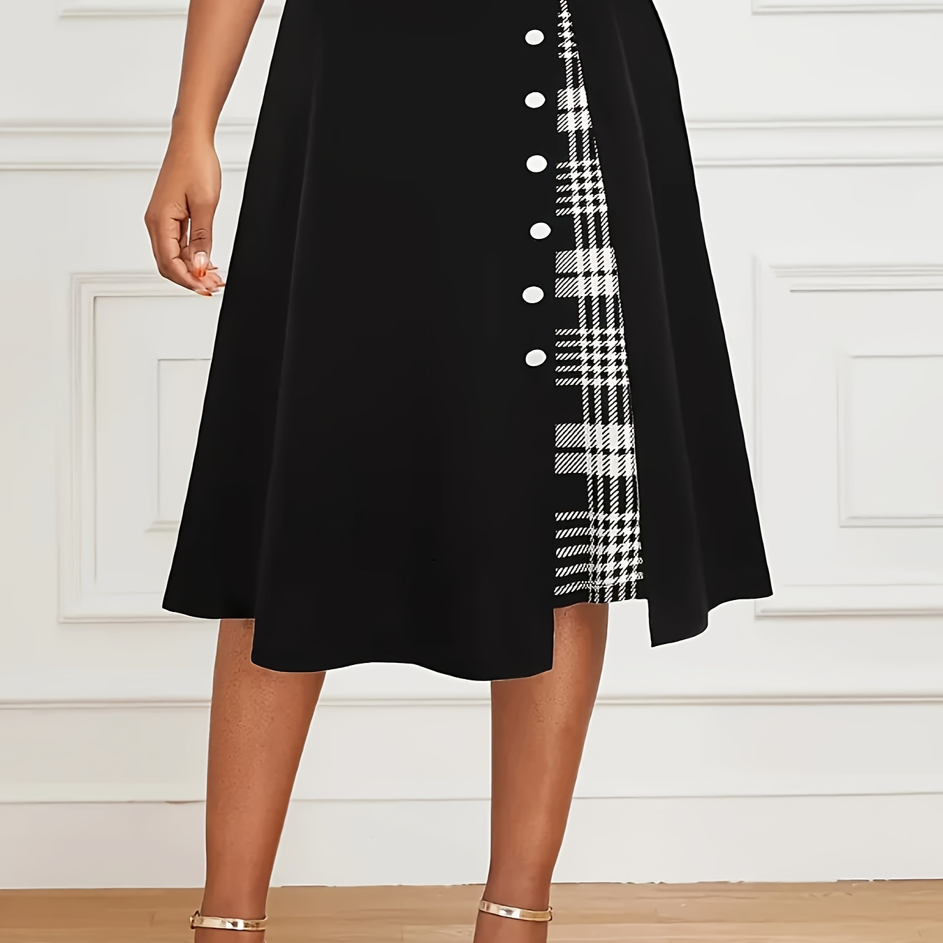 

Women's Patchwork Midi Skirt With Stylish Button .