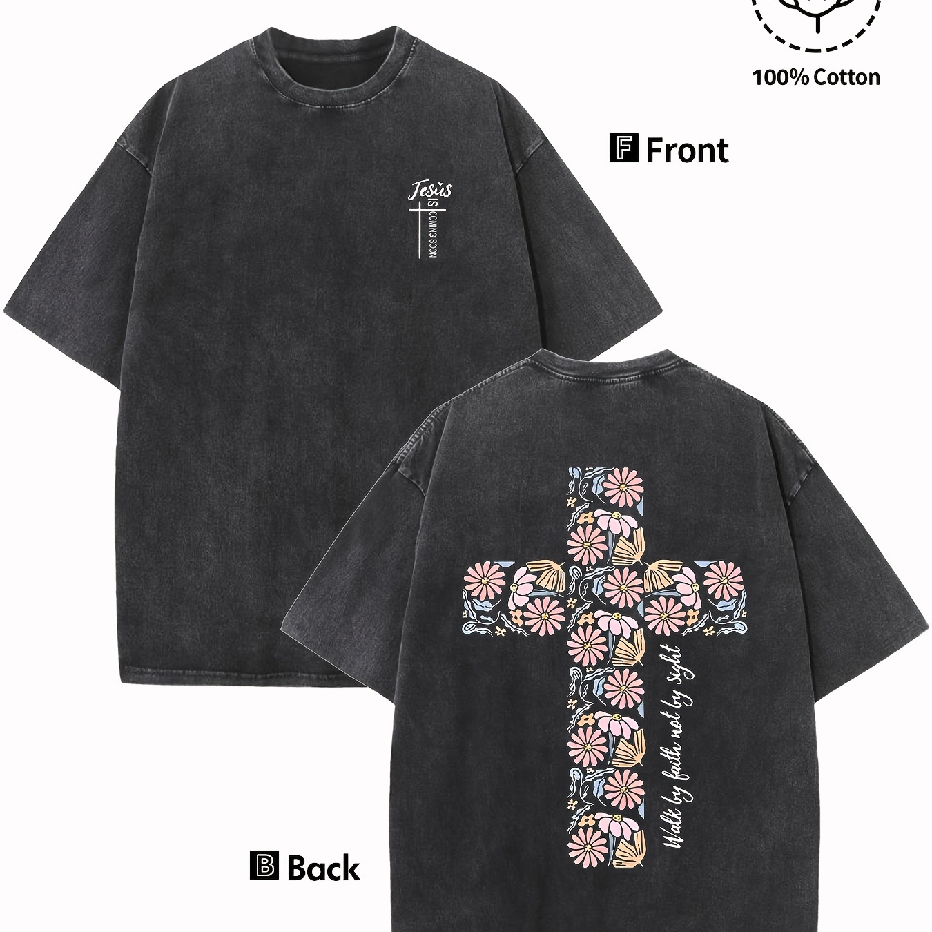 Faith Walk, Don't Look, Jesus, God, Religion, Cross - Men'S Casual Double-sided Printed T-shirt, Round Neck Short Sleeve, 230g Washed Cotton, Casual And Comfortable, Very Suitable For Outdoor Sports, Street Casual Wear