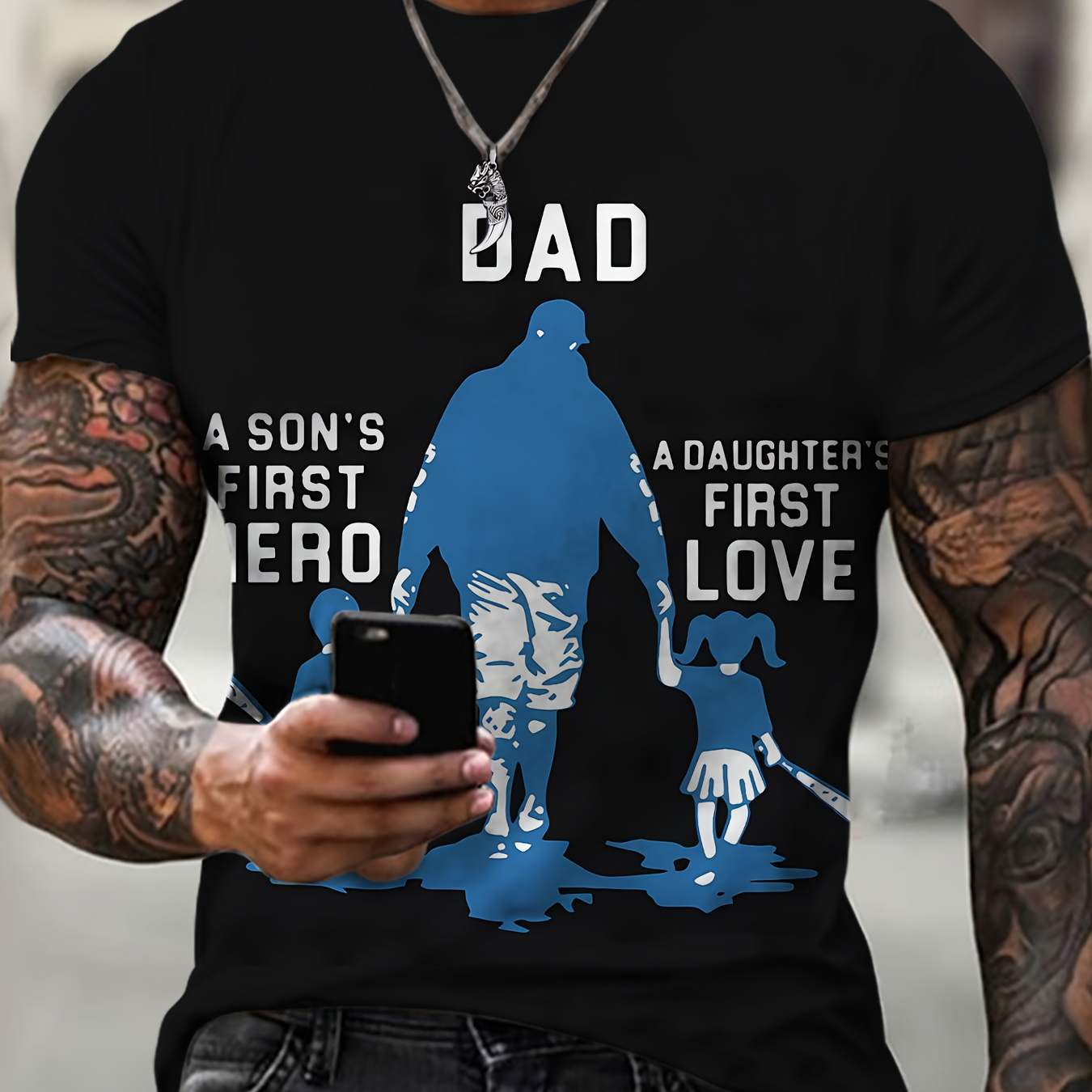 

Men's Dad And Children Graphic Print T-shirt, Short Sleeve Crew Neck Tee, Men's Clothing For Outdoor