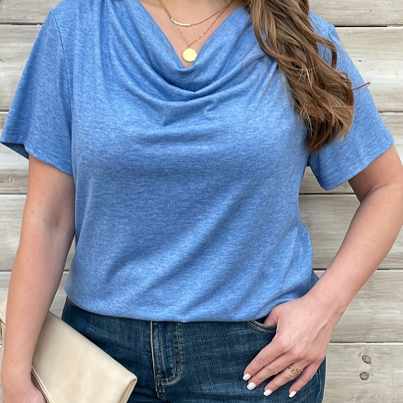 

Plus Size Cowl Neck T-shirt, Casual Short Sleeve T-shirt For Summer, Women's Plus Size clothing