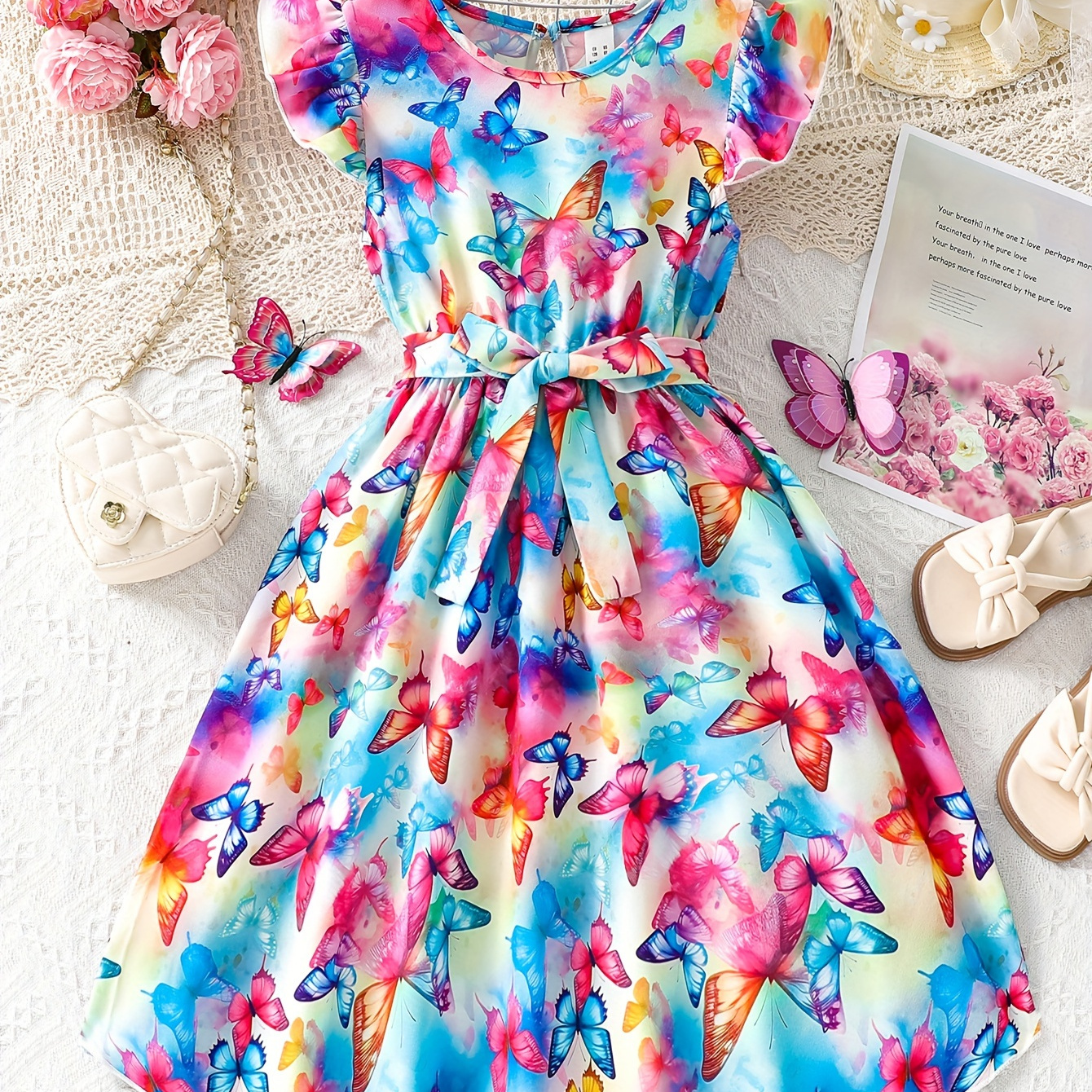 

Sweet Elegant Girls Tie Dye Butterfly Print Belted Dress Flutter Trim Dress For Summer Party Gift