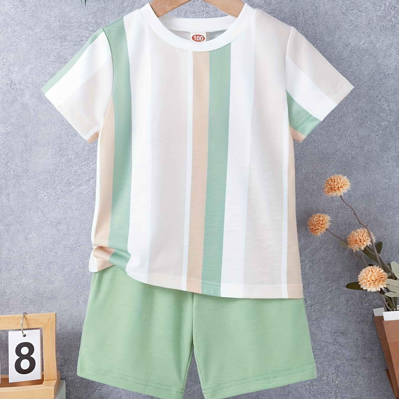 

2pcs Boys Casual Striped Short Sleeve T-shirt & Solid Color Shorts Set, Comfy Summer Boys Clothes